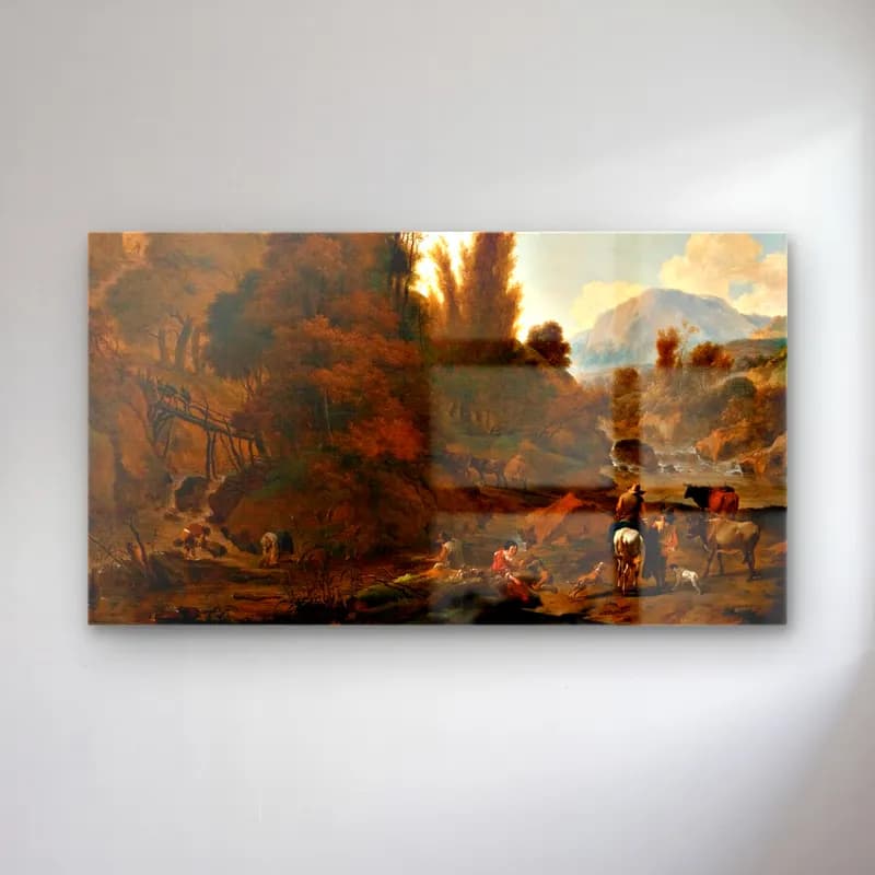 Nicolaes Pietersz. Berchem – Mountain Landscape with Cattle Herders cam tablo — Nicolaes Pietersz. Berchem – Mountain Landscape with Cattle Herders — yağlı boya dağ manzarası