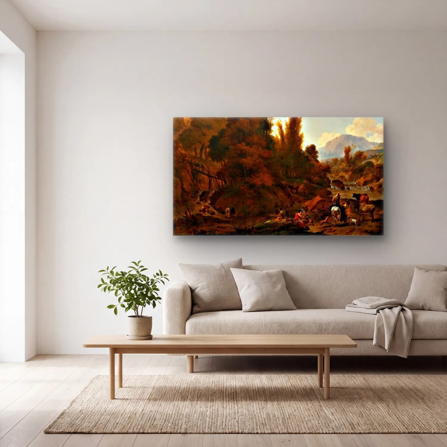 Nicolaes Pietersz. Berchem – Mountain Landscape with Cattle Herders cam tablo — açık renk salonda