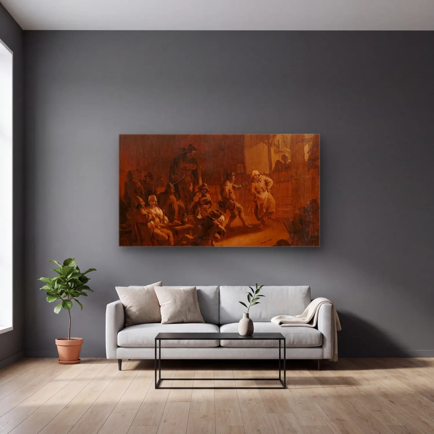 Nicolaes Pietersz. Berchem – Peasants Dancing in a Barn cam tablo — gri duvarlı salonda