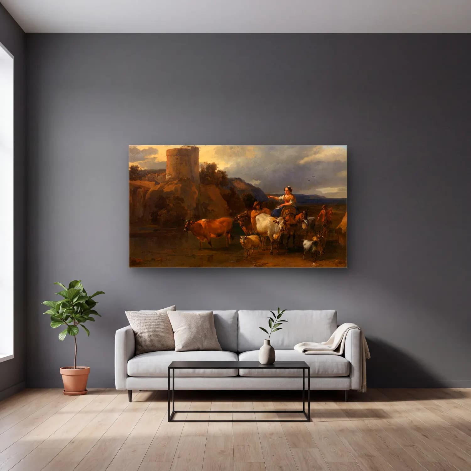 Nicolaes Pietersz. Berchem – Returning from the Meadow cam tablo — gri duvarlı salonda