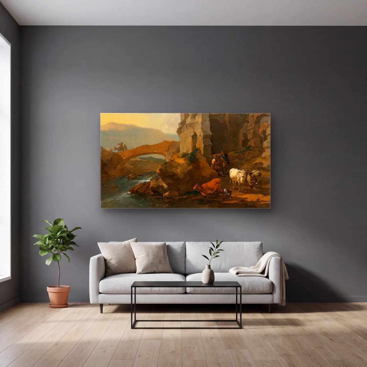 Nicolaes Pietersz. Berchem – River Landscape With Herdsmen By The Ruins Of An… cam tablo — gri duvarlı salonda