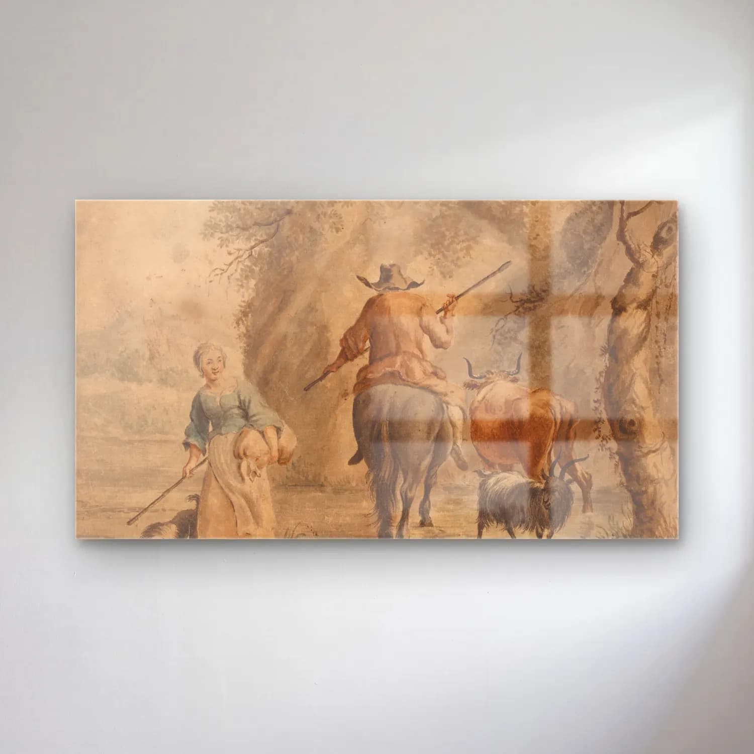 Nicolaes Pietersz. Berchem – Rivierlandschap met een ruiter, vrouw en vee cam tablo — Nicolaes Pietersz. Berchem – Rivierlandschap met een ruiter, vrouw en vee — vintage mitolojik sahne