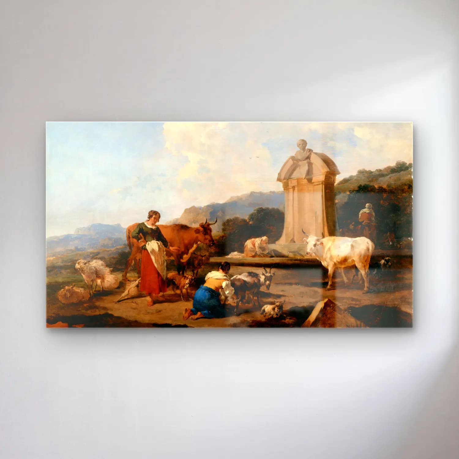 Nicolaes Pietersz. Berchem – Roman Fountain with Cattle and Figures (Le Midi) cam tablo — Nicolaes Pietersz. Berchem – Roman Fountain with Cattle and Figures (Le Midi) — yağlı boya dini sahne