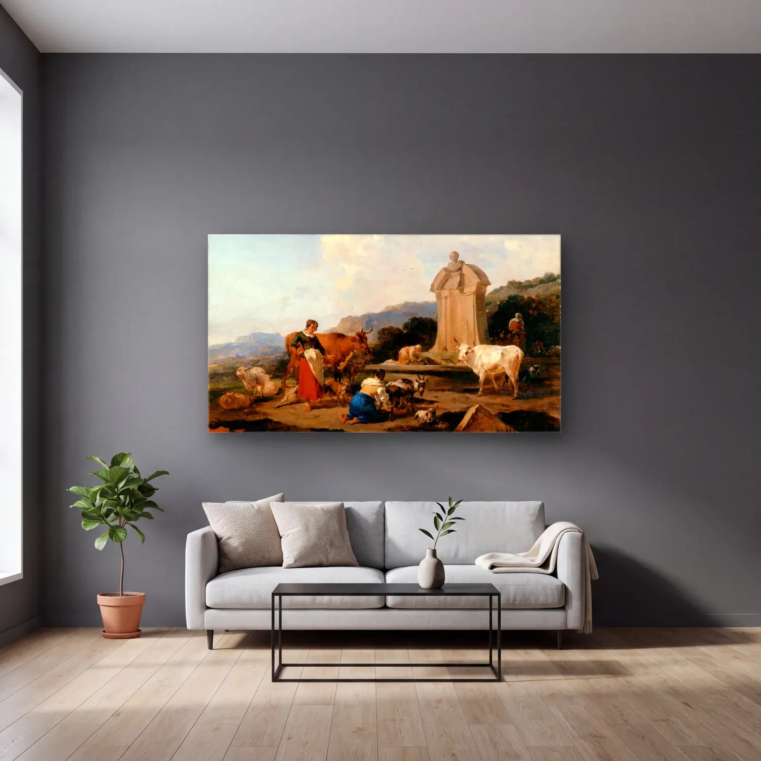 Nicolaes Pietersz. Berchem – Roman Fountain with Cattle and Figures (Le Midi) cam tablo — gri duvarlı salonda