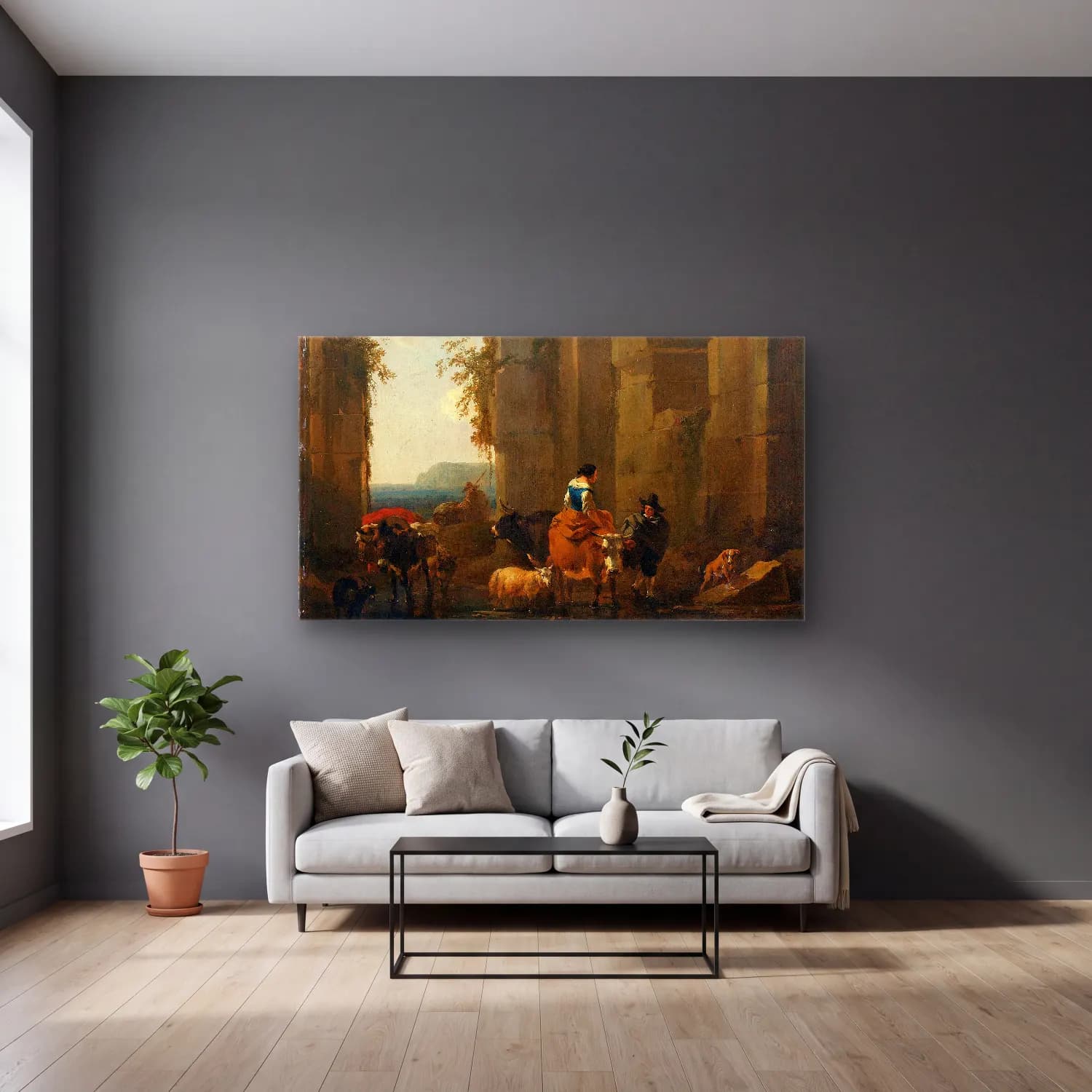Nicolaes Pietersz. Berchem – Ruins in Italy cam tablo — gri duvarlı salonda