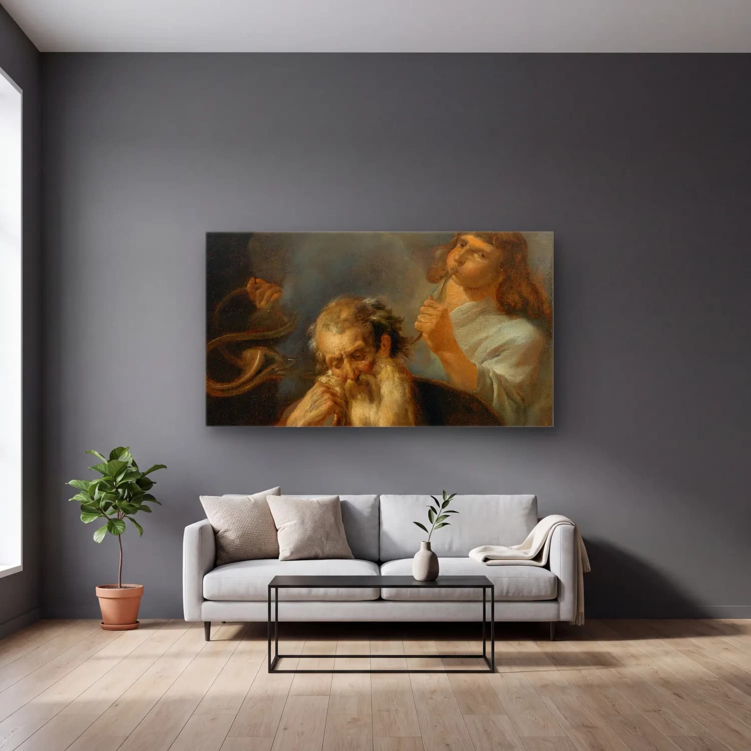 Nicolaes Pietersz. Berchem – Saint Jerome cam tablo — gri duvarlı salonda