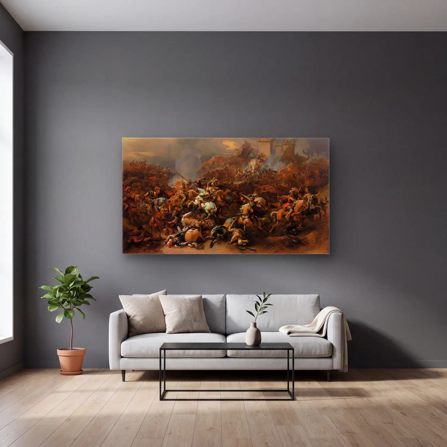 Nicolaes Pietersz. Berchem – The Battle between Alexander and Porus cam tablo — gri duvarlı salonda