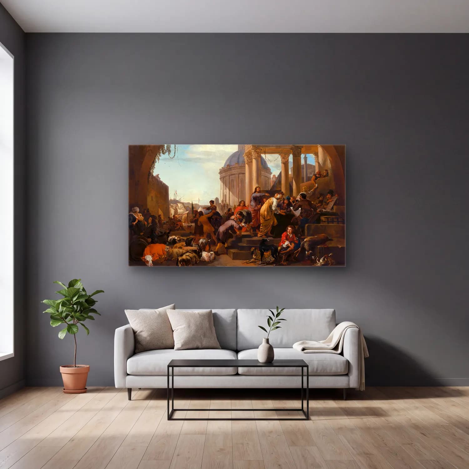 Nicolaes Pietersz. Berchem – The Calling of St Matthew cam tablo — gri duvarlı salonda