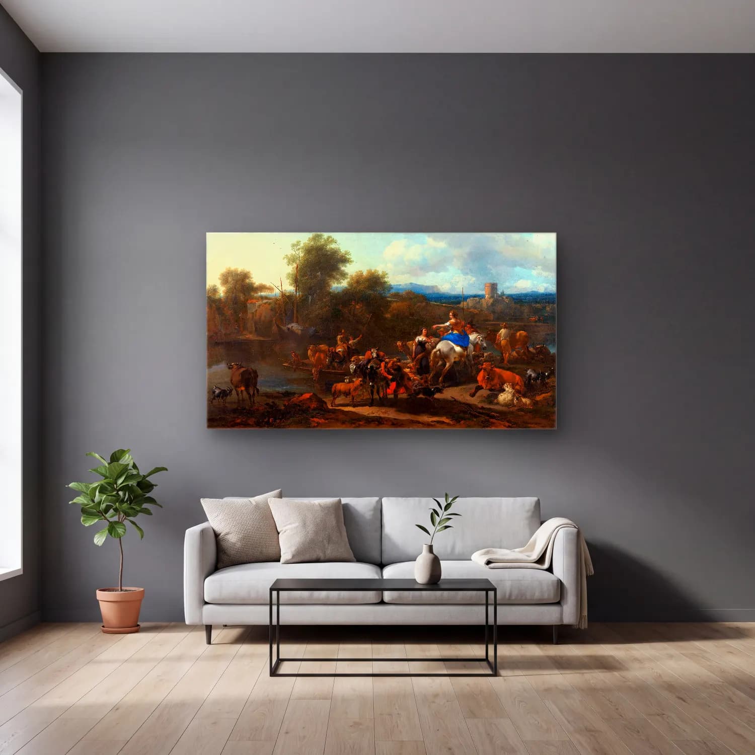 Nicolaes Pietersz. Berchem – The Cattle Ferry cam tablo — gri duvarlı salonda