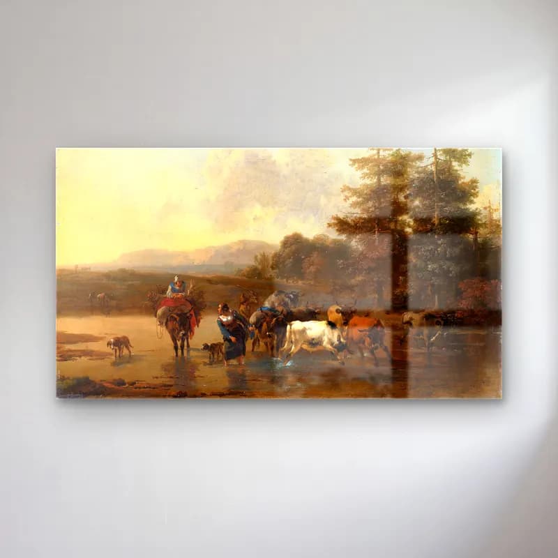 Nicolaes Pietersz. Berchem – The Cattle Herd cam tablo — Nicolaes Pietersz. Berchem – The Cattle Herd — yağlı boya kırda nehir