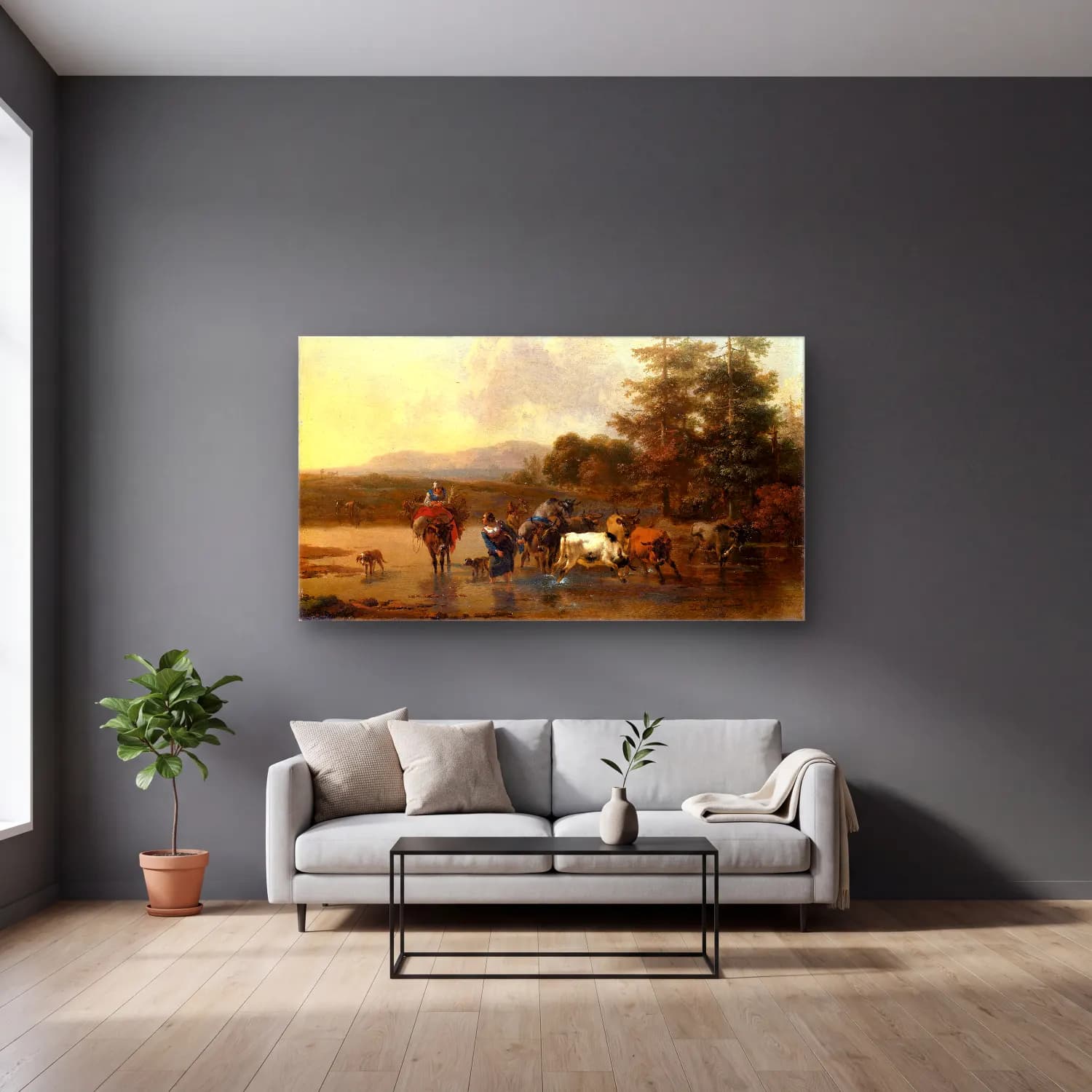 Nicolaes Pietersz. Berchem – The Cattle Herd cam tablo — gri duvarlı salonda