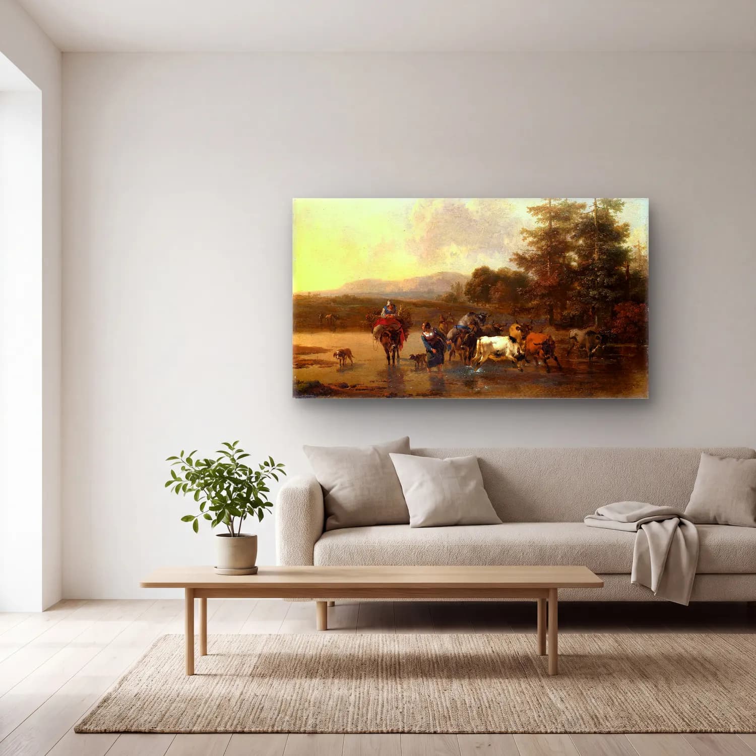 Nicolaes Pietersz. Berchem – The Cattle Herd cam tablo — açık renk salonda