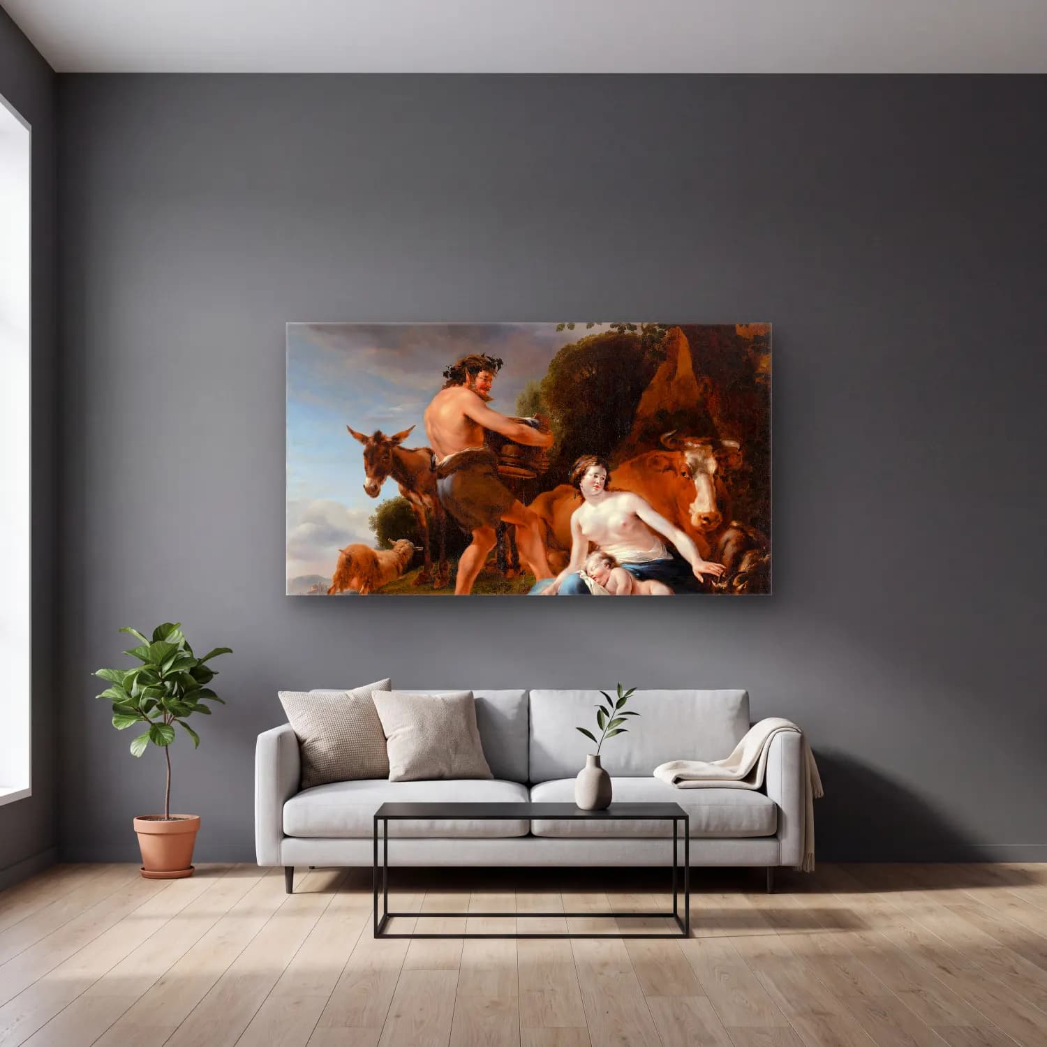 Nicolaes Pietersz. Berchem – The Infancy of Zeus cam tablo — gri duvarlı salonda
