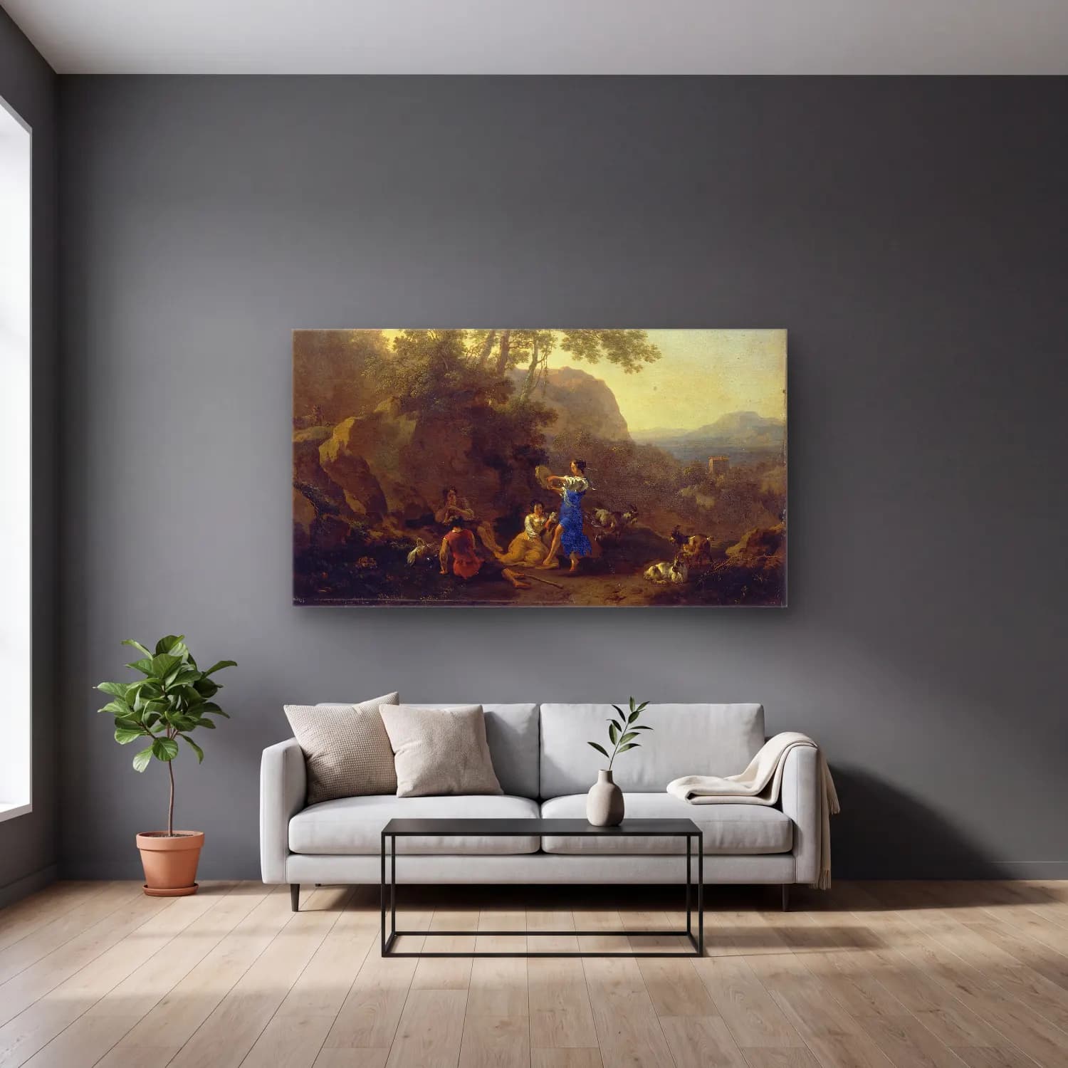 Nicolaes Pietersz. Berchem – The Musical Shepherdess cam tablo — gri duvarlı salonda