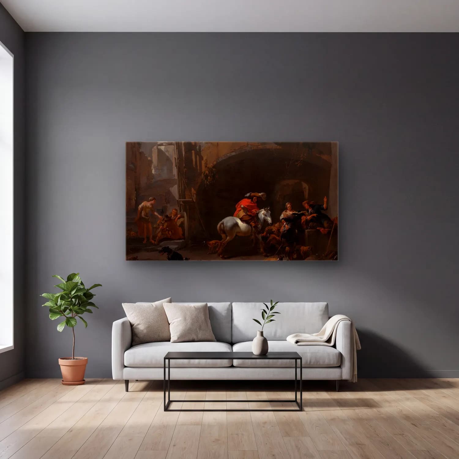Nicolaes Pietersz. Berchem – The Return from the Hunt cam tablo — gri duvarlı salonda