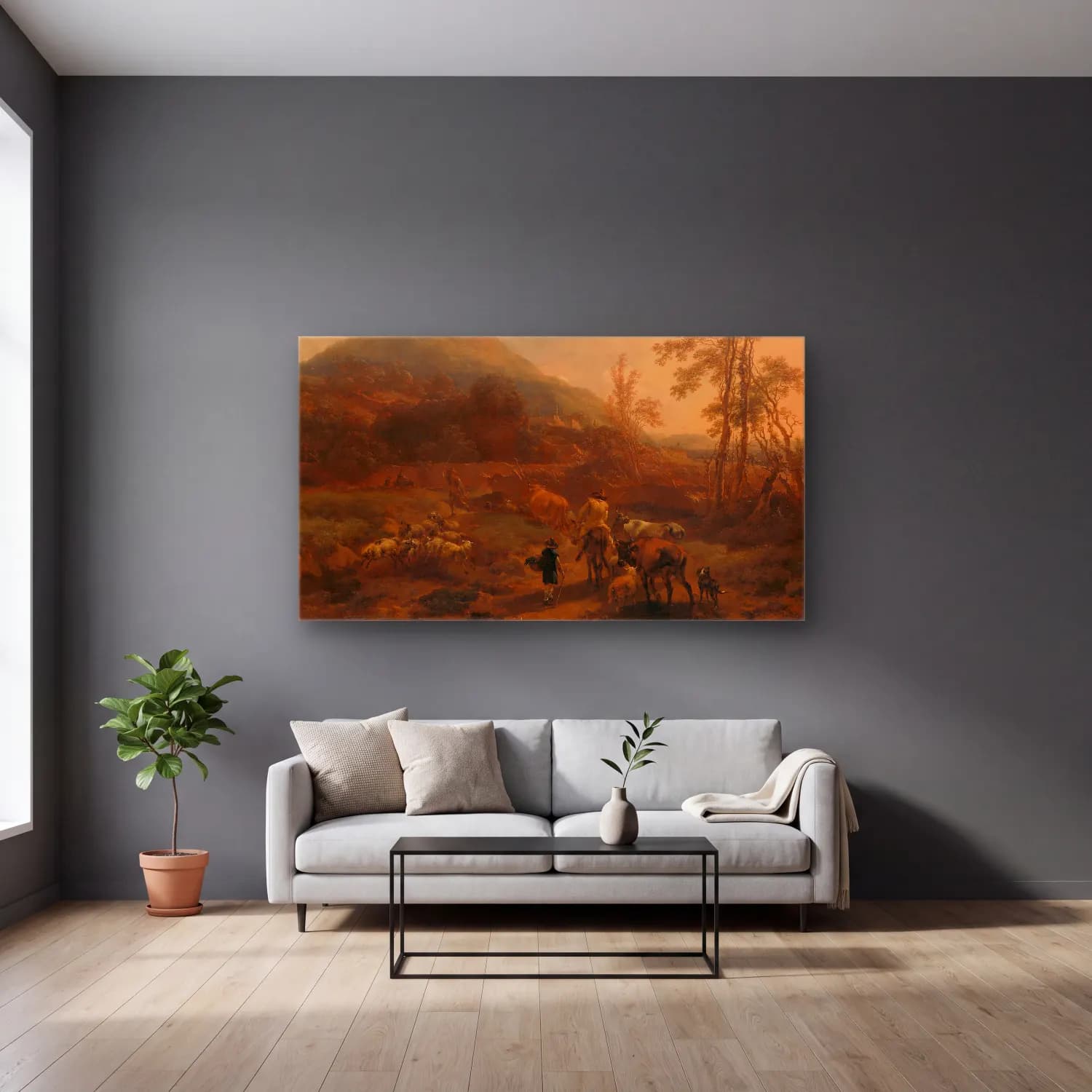 Nicolaes Pietersz. Berchem – The Three Droves cam tablo — gri duvarlı salonda