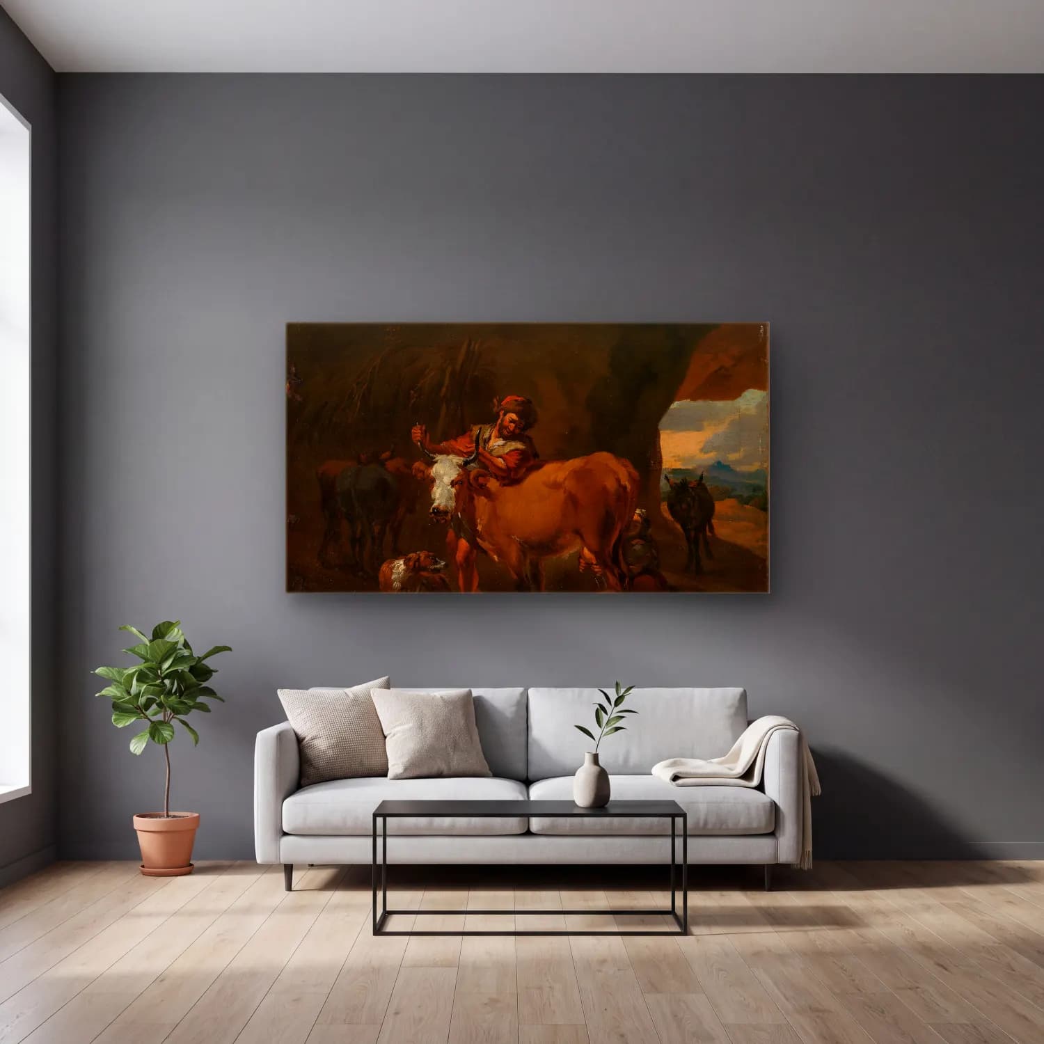 Nicolaes Pietersz. Berchem – The cow milker cam tablo — gri duvarlı salonda