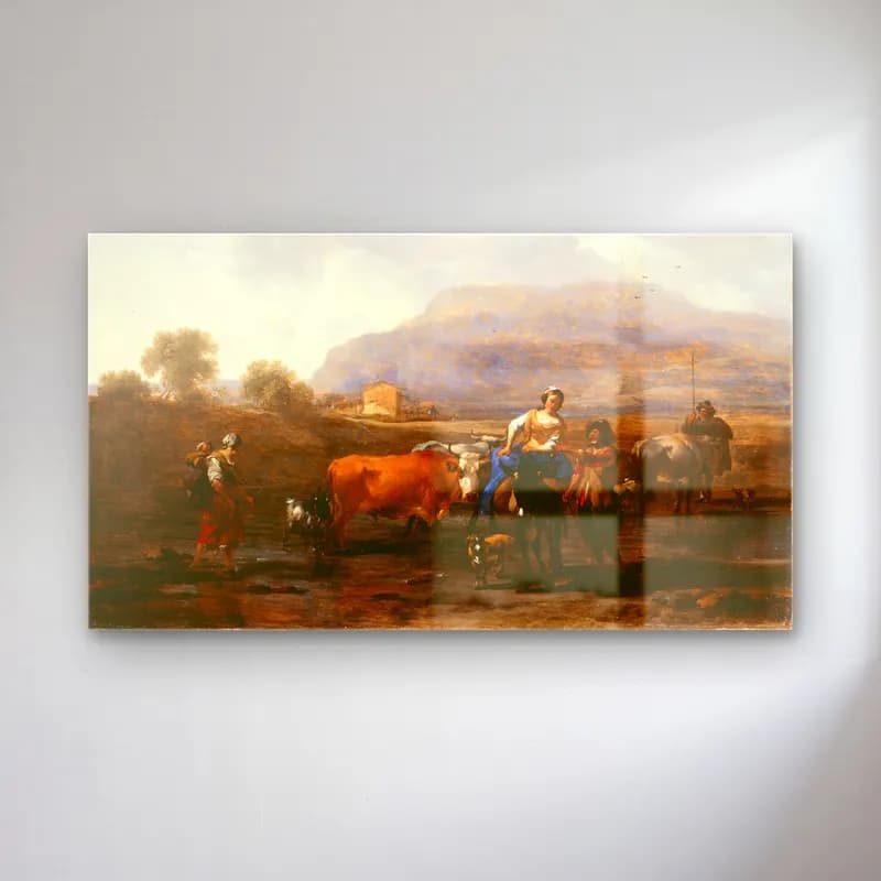 Nicolaes Pietersz. Berchem – Travelling Peasants (Le Soir) cam tablo — Nicolaes Pietersz. Berchem – Travelling Peasants (Le Soir) — yağlı boya kırda nehir