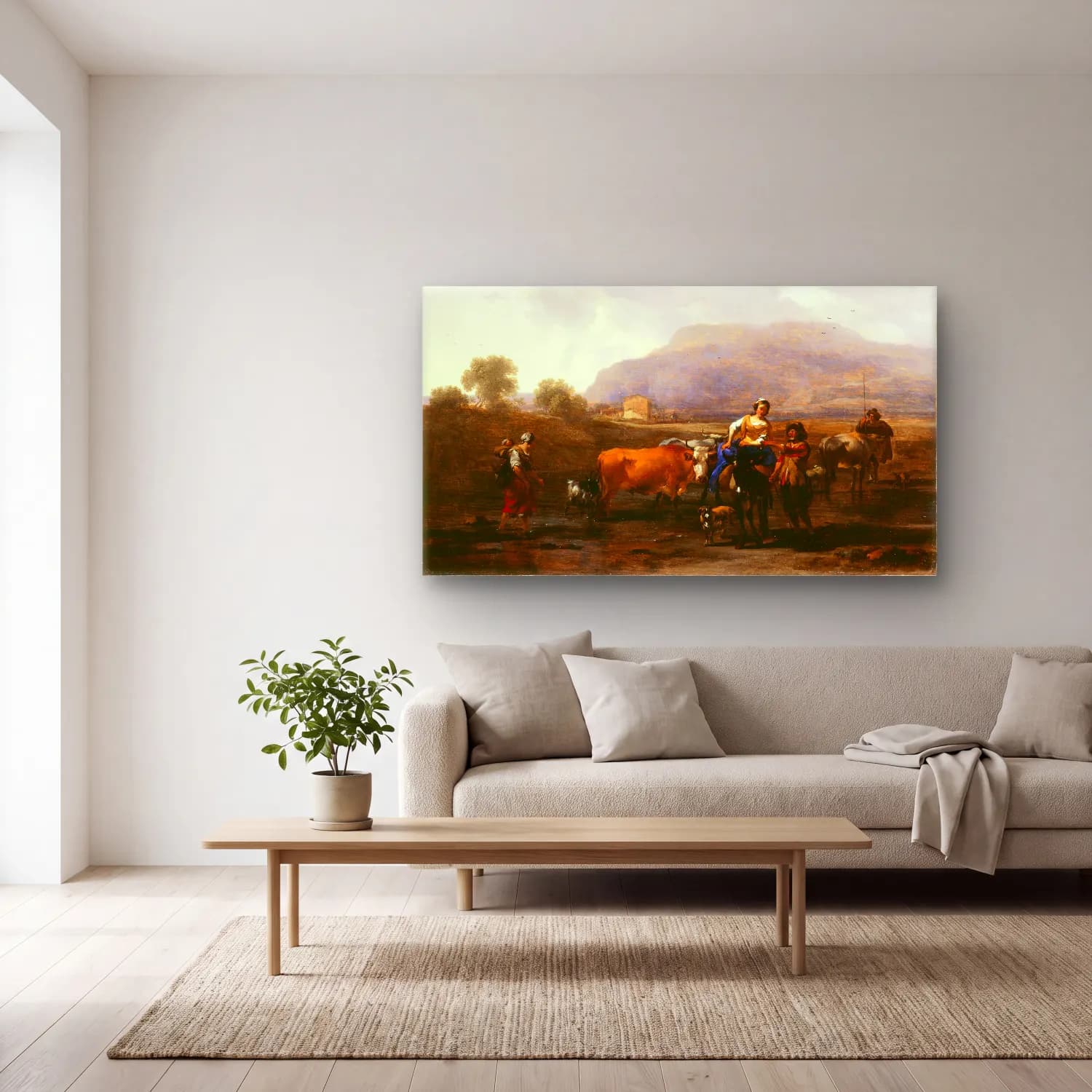 Nicolaes Pietersz. Berchem – Travelling Peasants (Le Soir) cam tablo — açık renk salonda