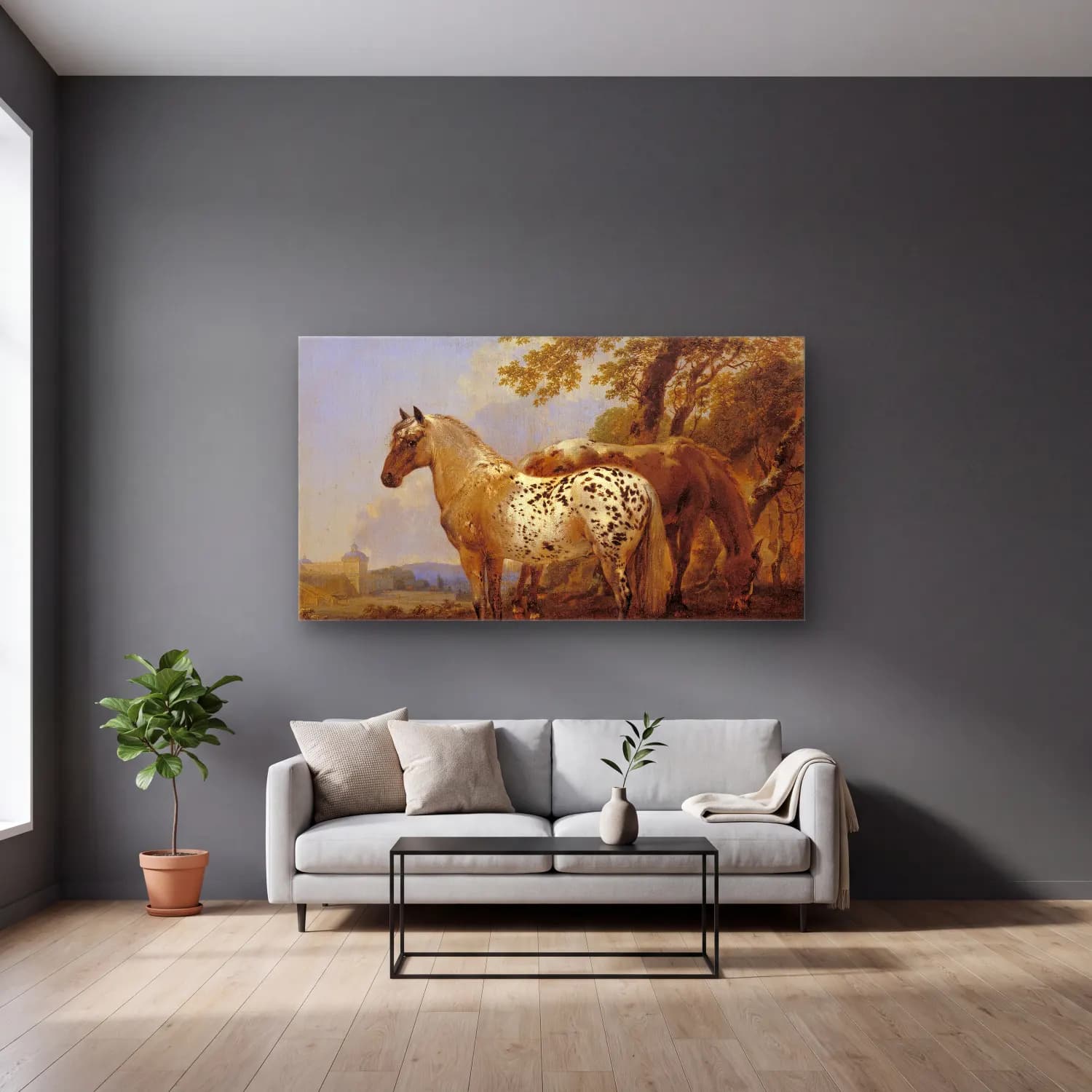 Nicolaes Pietersz. Berchem – Two Horses in a Landscape cam tablo — gri duvarlı salonda