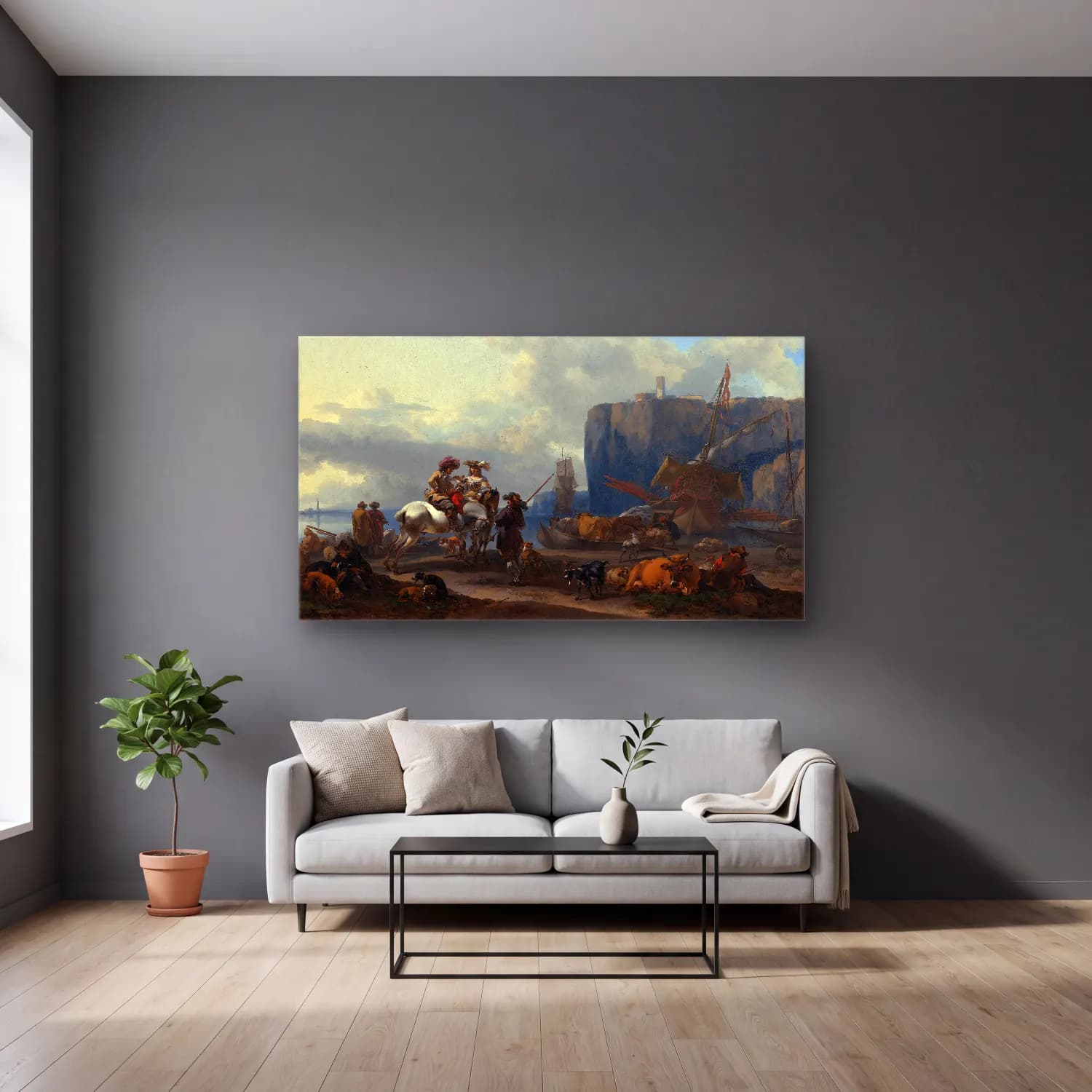 Nicolaes Pietersz. Berchem – View of an Italian Port (early 1660s) cam tablo — gri duvarlı salonda