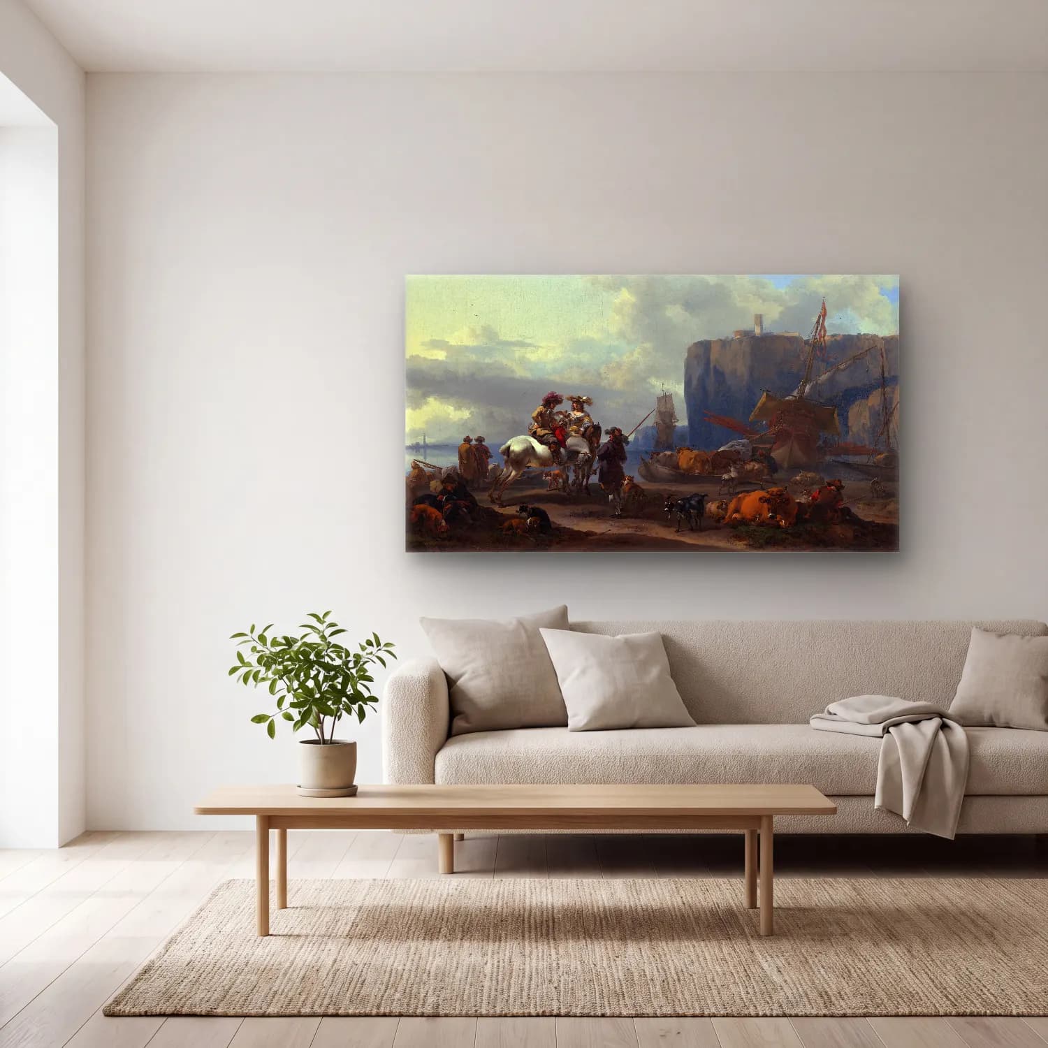 Nicolaes Pietersz. Berchem – View of an Italian Port (early 1660s) cam tablo — açık renk salonda