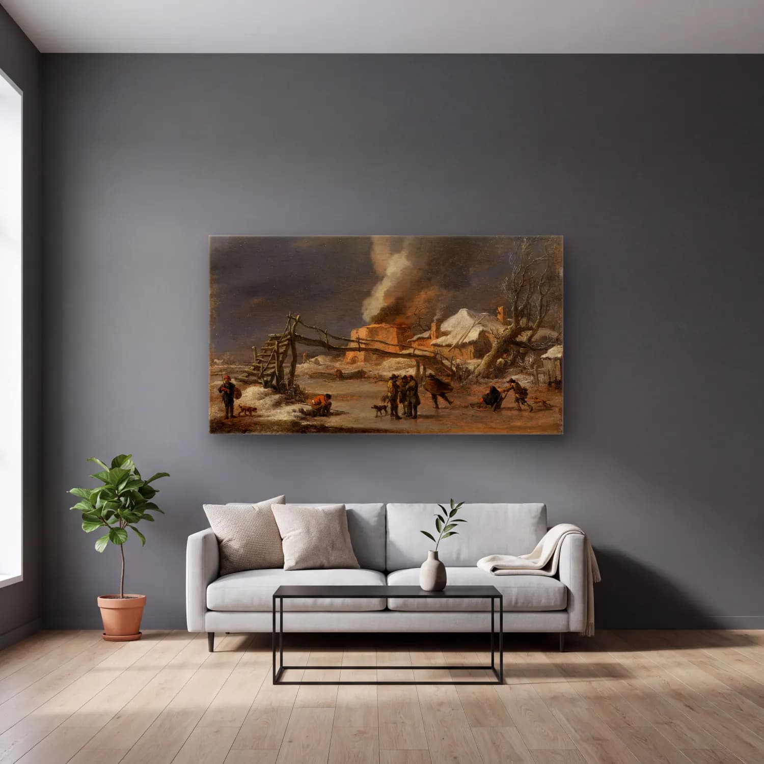 Nicolaes Pietersz. Berchem – Winterlandschaft mit Kalkofen cam tablo — gri duvarlı salonda