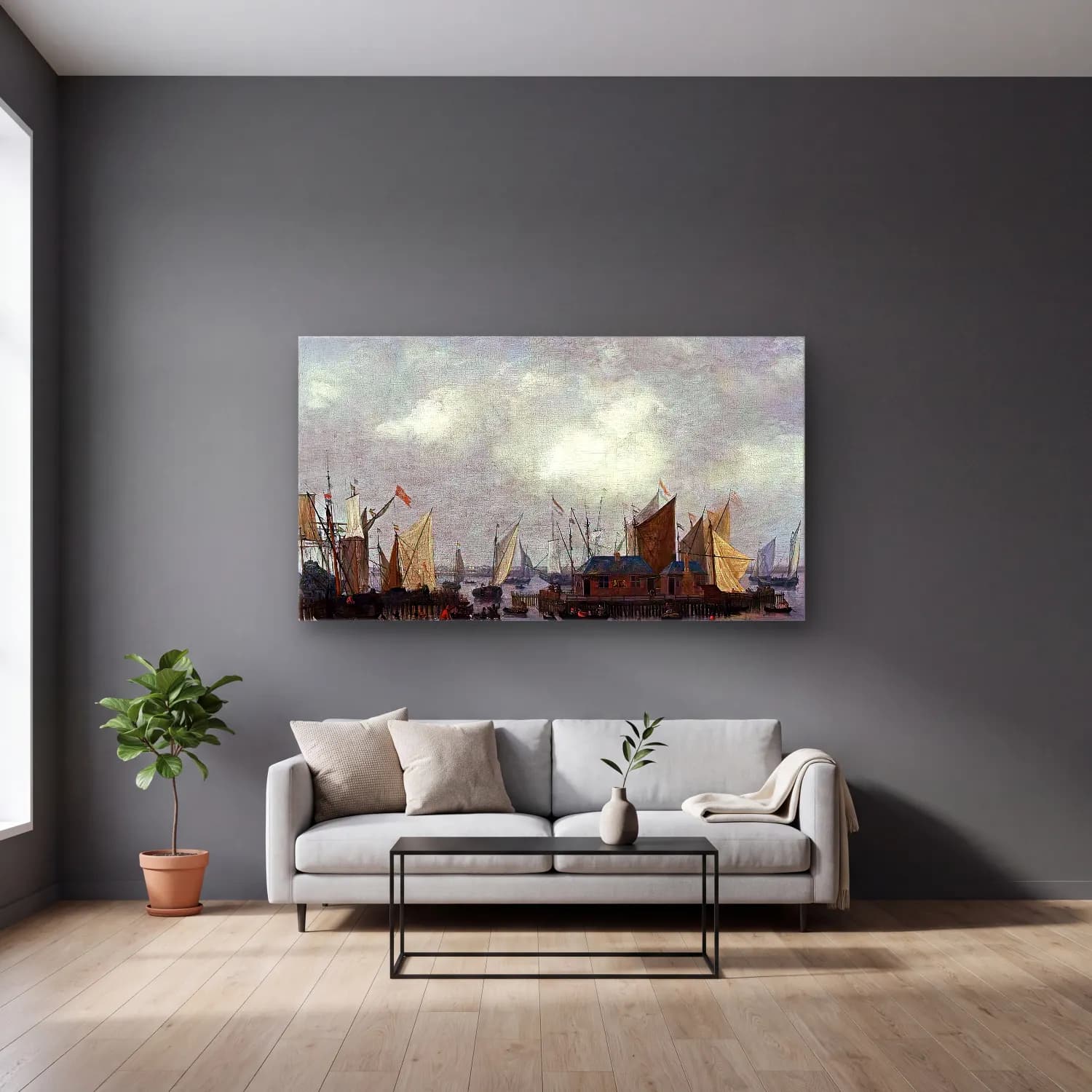 Reiner Nooms – Amsterdam Shipping on the Ij cam tablo — gri duvarlı salonda