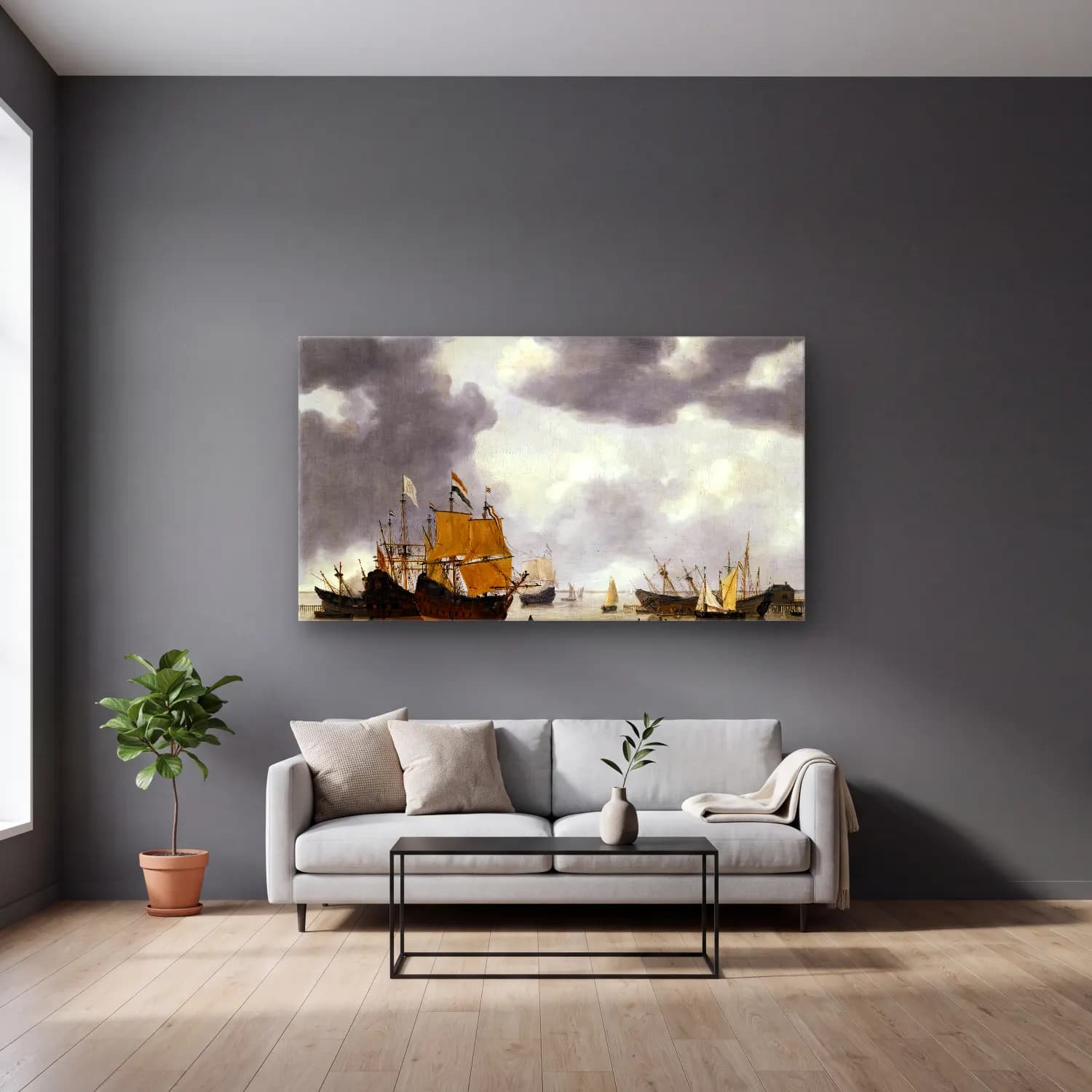 Reiner Nooms – Dutch Ships Awaiting Repair on the Ij at Amsterdam cam tablo — gri duvarlı salonda