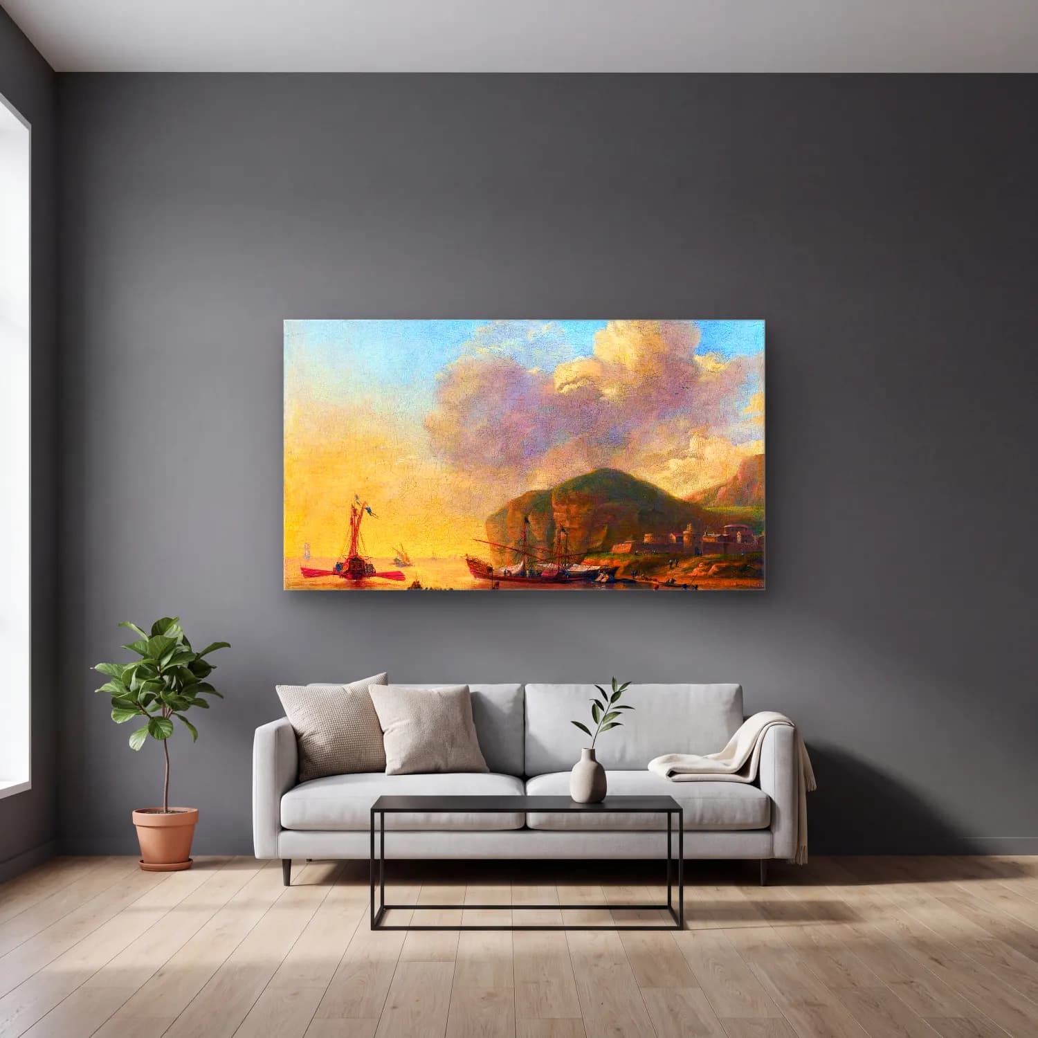 Reiner Nooms – Shipping before a Mediterranean Coast cam tablo — gri duvarlı salonda