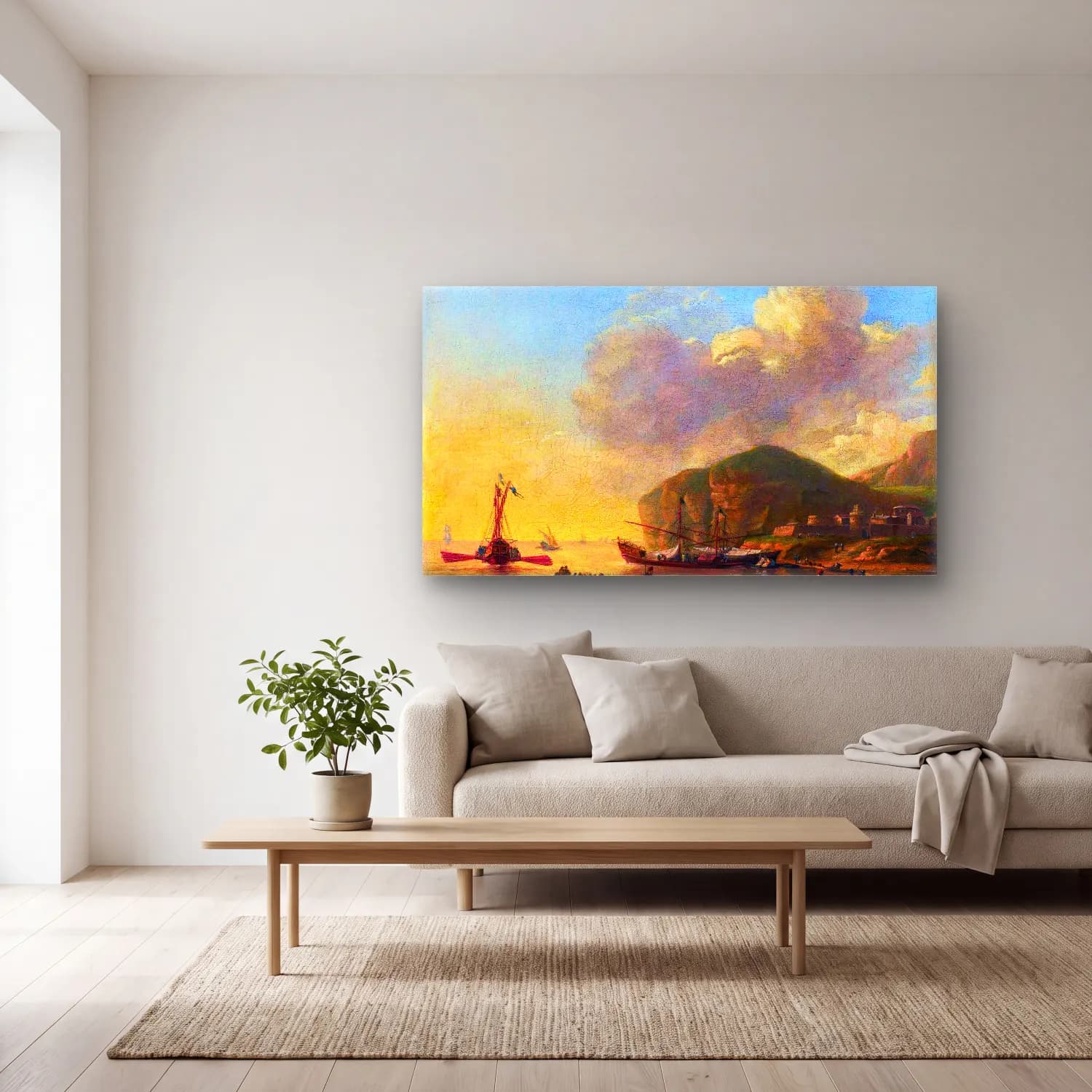 Reiner Nooms – Shipping before a Mediterranean Coast cam tablo — açık renk salonda