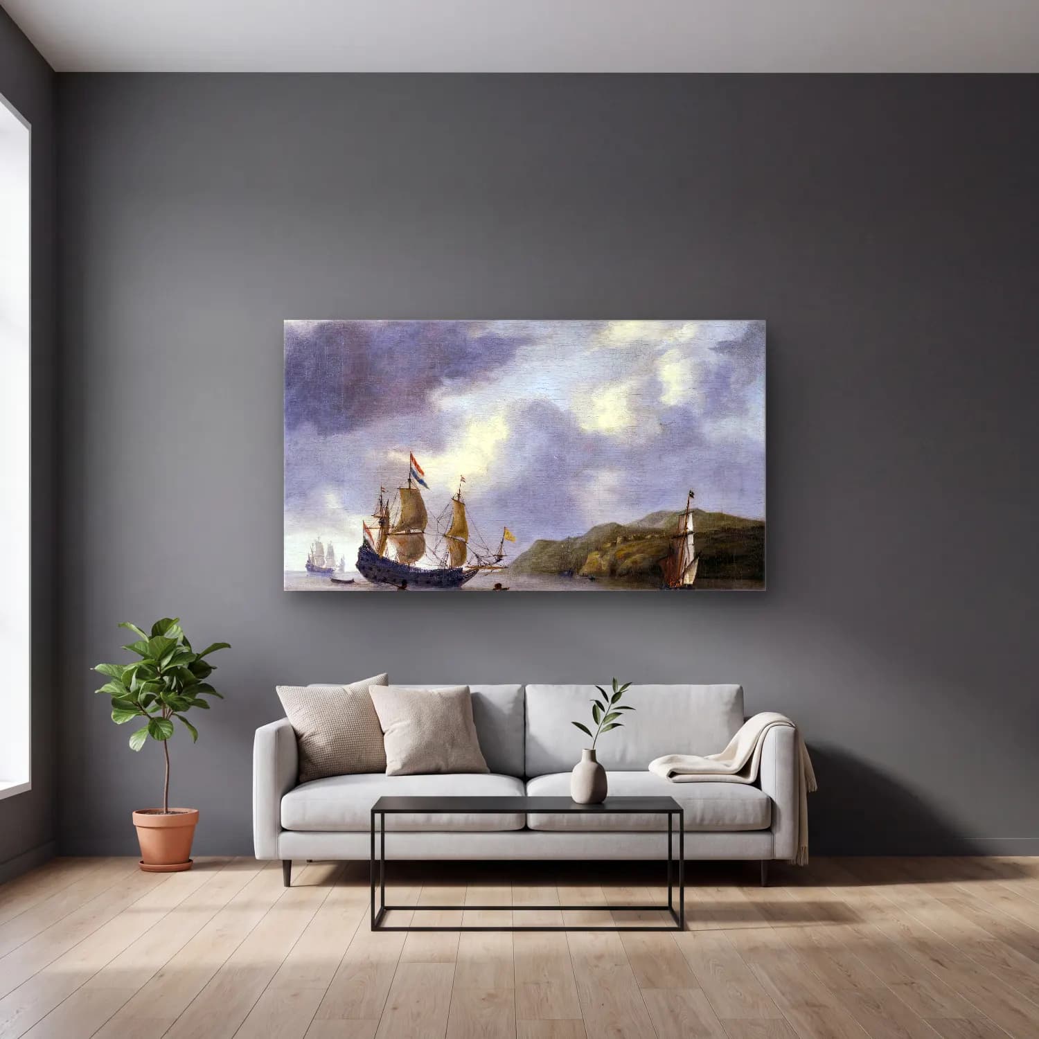 Reiner Nooms – Ships off the Coast of North Africa cam tablo — gri duvarlı salonda
