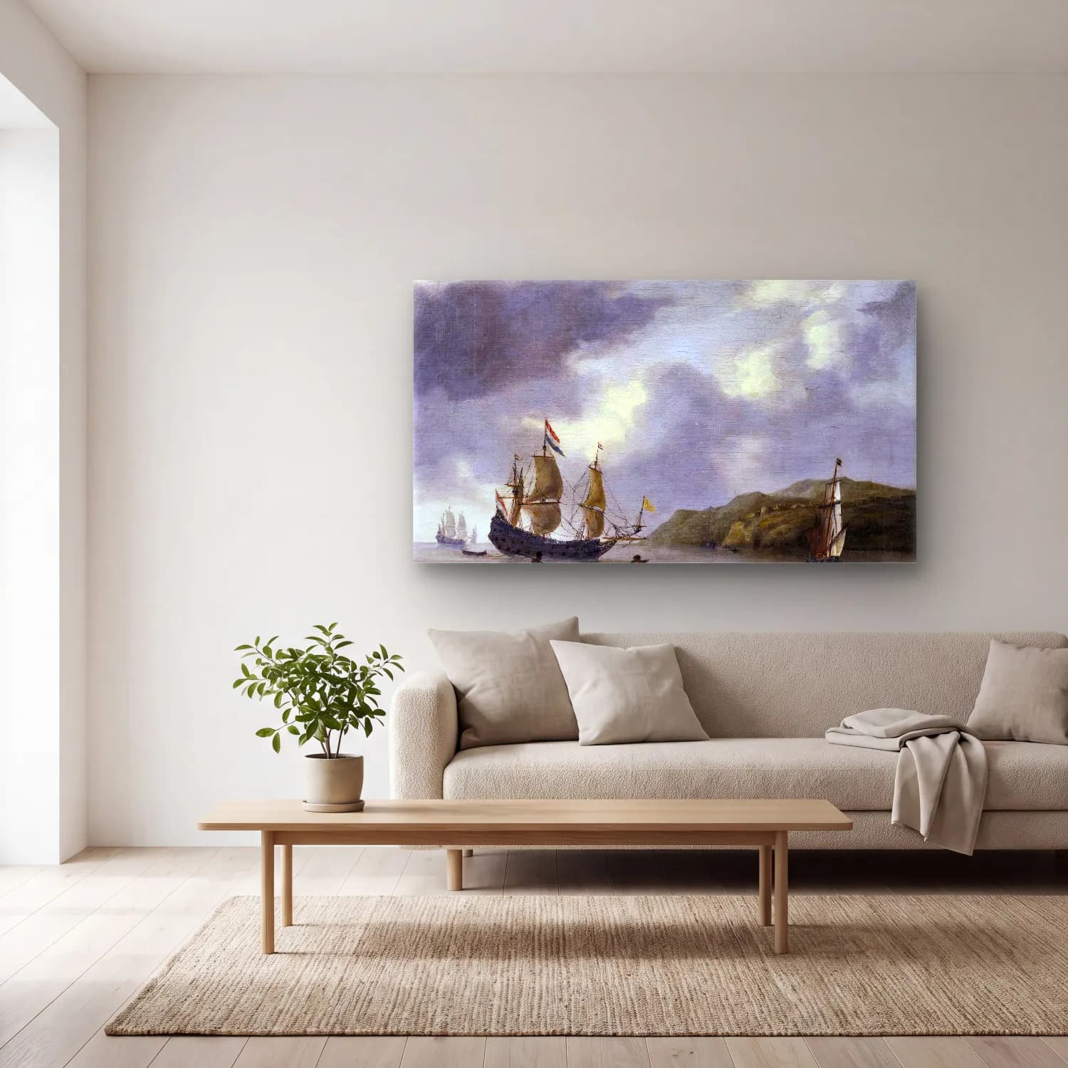 Reiner Nooms – Ships off the Coast of North Africa cam tablo — açık renk salonda