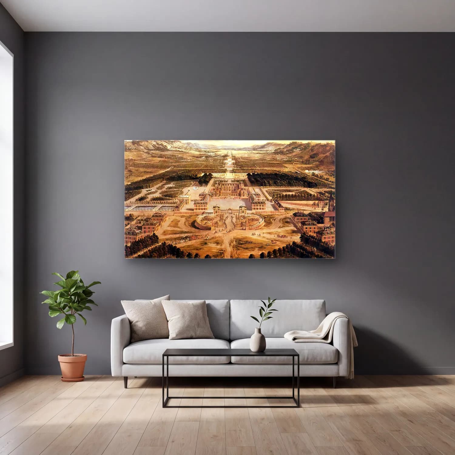 Pierre Patel – Bird s Eye View of Versailles cam tablo — gri duvarlı salonda