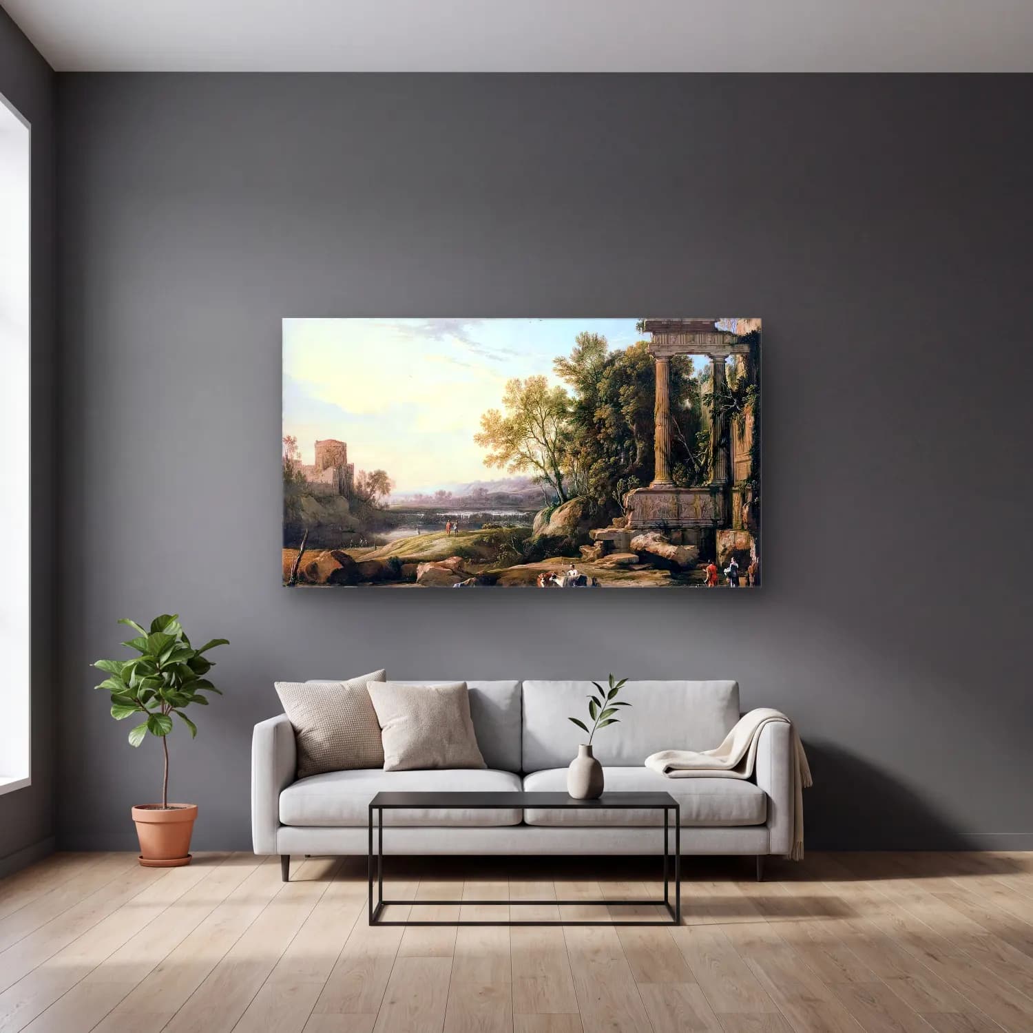 Pierre Patel – Italianate Landscape cam tablo — gri duvarlı salonda