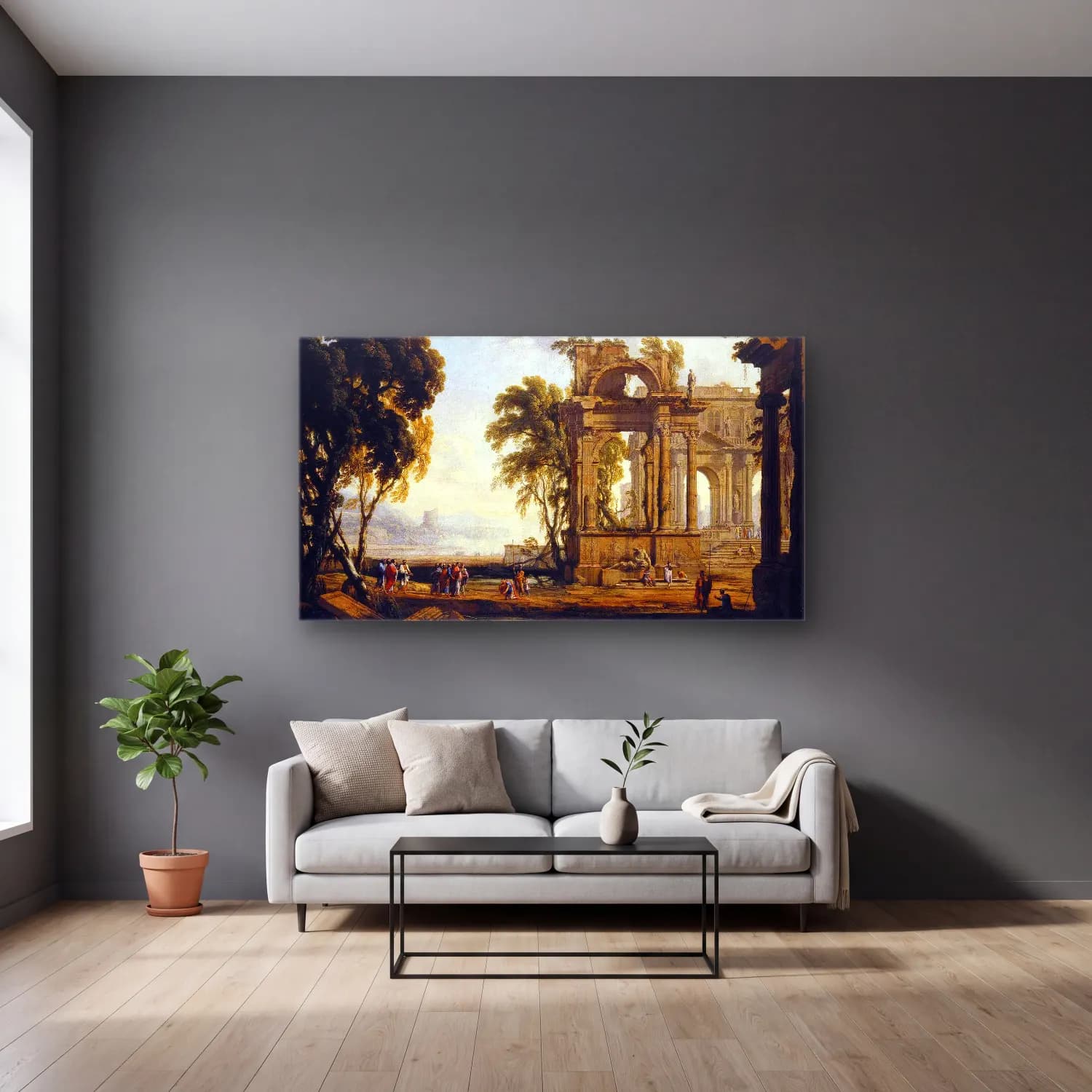 Pierre Patel – Landscape with Christ and a Centurion cam tablo — gri duvarlı salonda