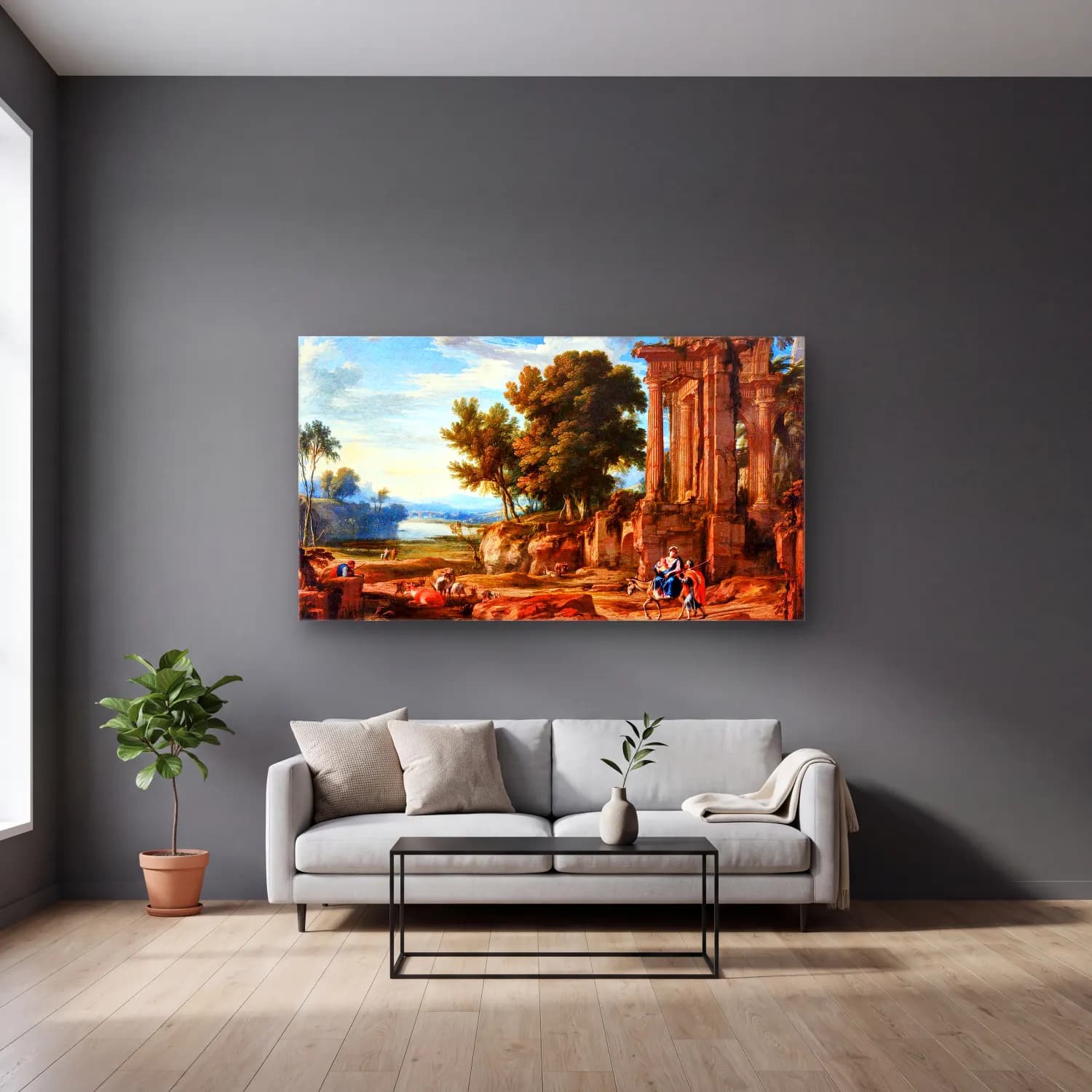 Pierre Patel – Landscape with the Flight into Egypt cam tablo — gri duvarlı salonda