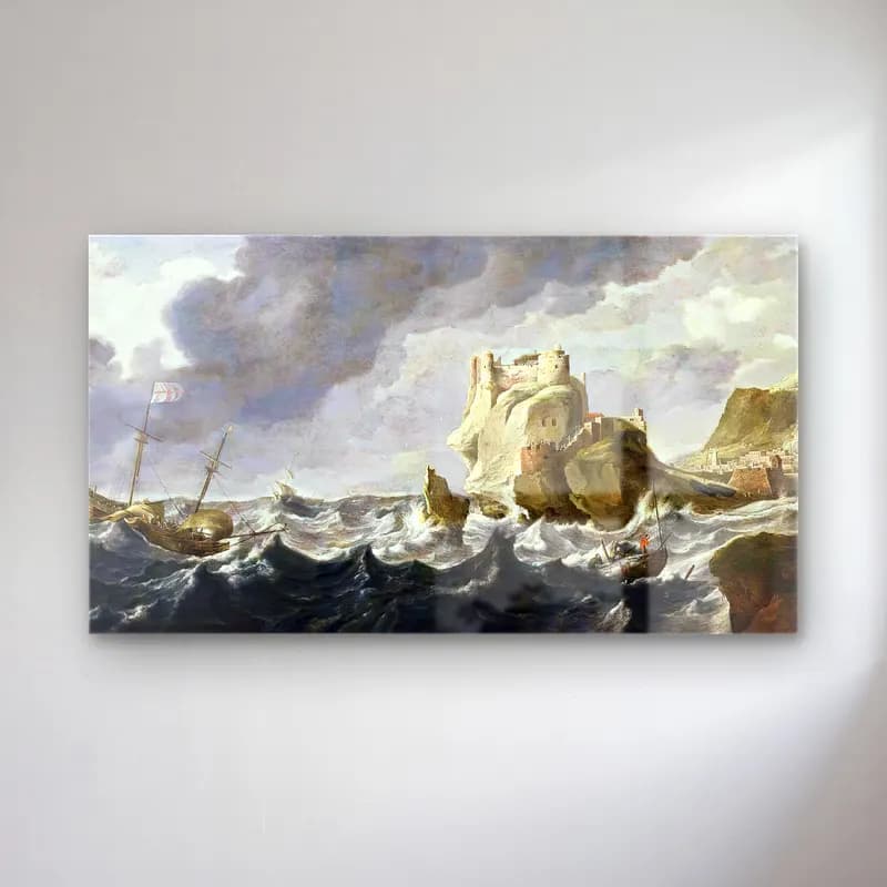 Bonaventura I Peeters – A Mediterranean Harbour Entrance cam tablo — Bonaventura I Peeters – A Mediterranean Harbour Entrance — yağlı boya fırtınalı denizde gemi
