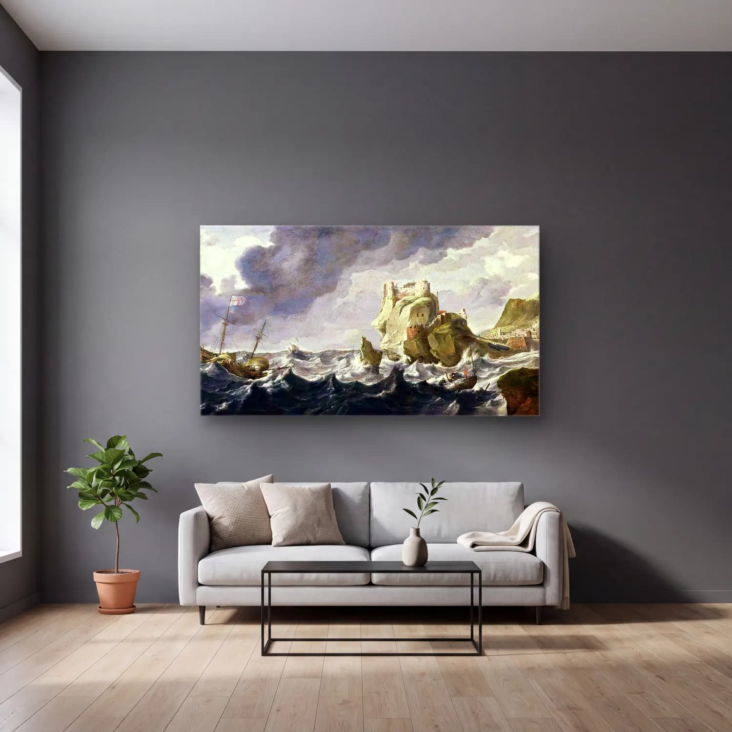 Bonaventura I Peeters – A Mediterranean Harbour Entrance cam tablo — gri duvarlı salonda