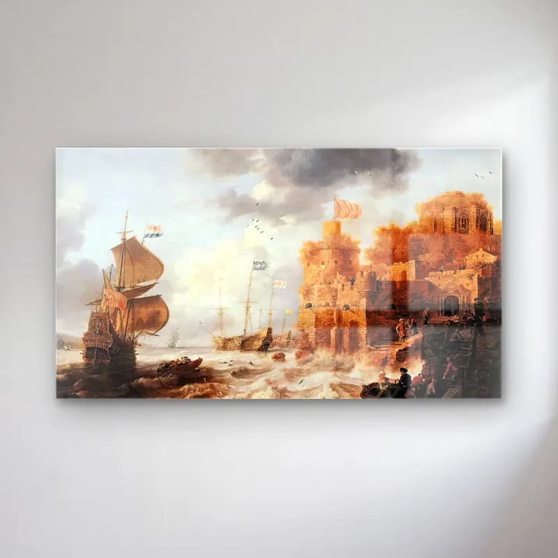 Bonaventura I Peeters – An Oriental Harbour cam tablo — Bonaventura I Peeters – An Oriental Harbour — yağlı boya fırtınalı denizde gemi