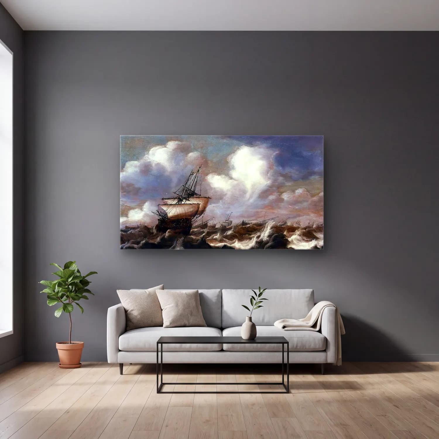 Bonaventura I Peeters – Shipping at Sea in a Light Breeze cam tablo — gri duvarlı salonda