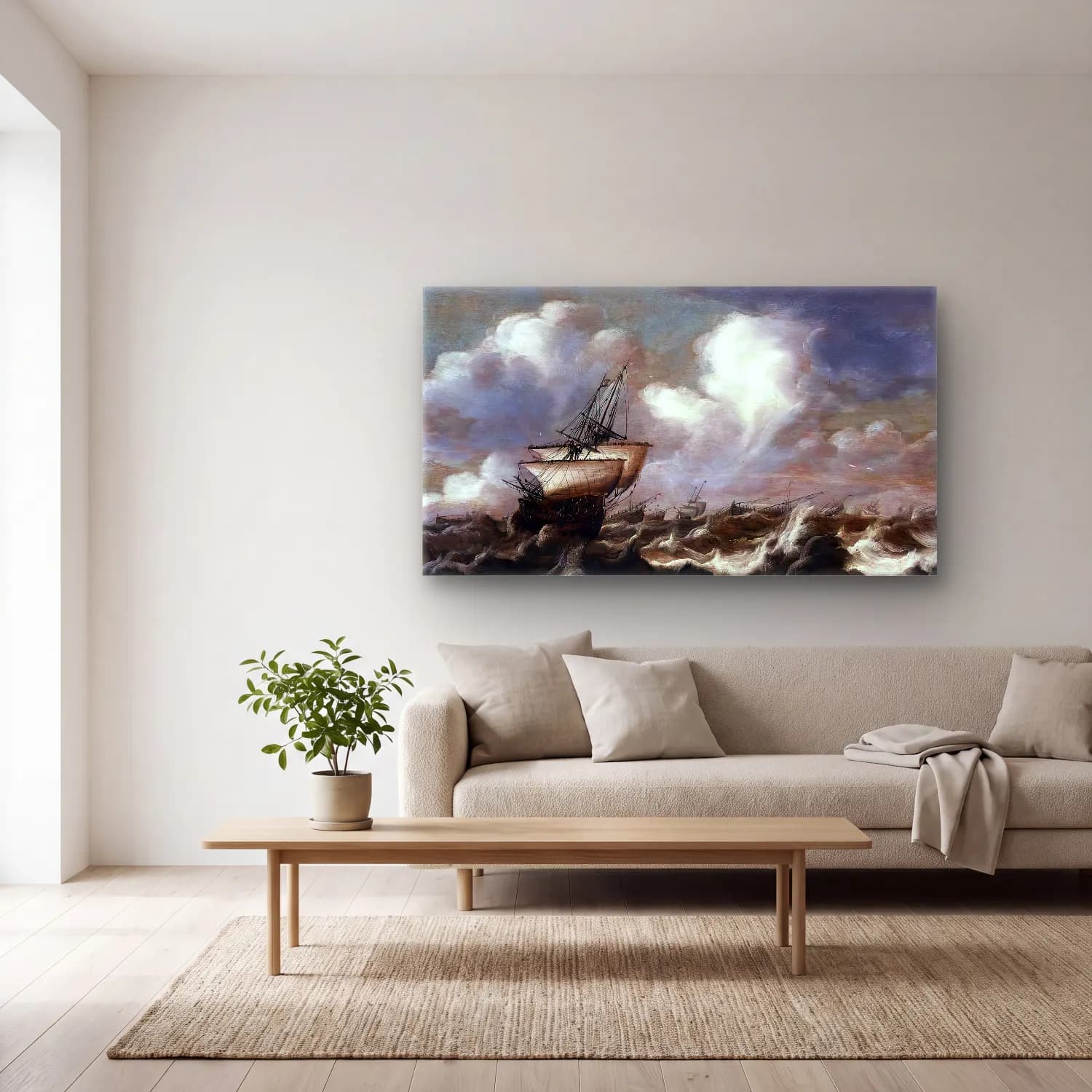 Bonaventura I Peeters – Shipping at Sea in a Light Breeze cam tablo — açık renk salonda