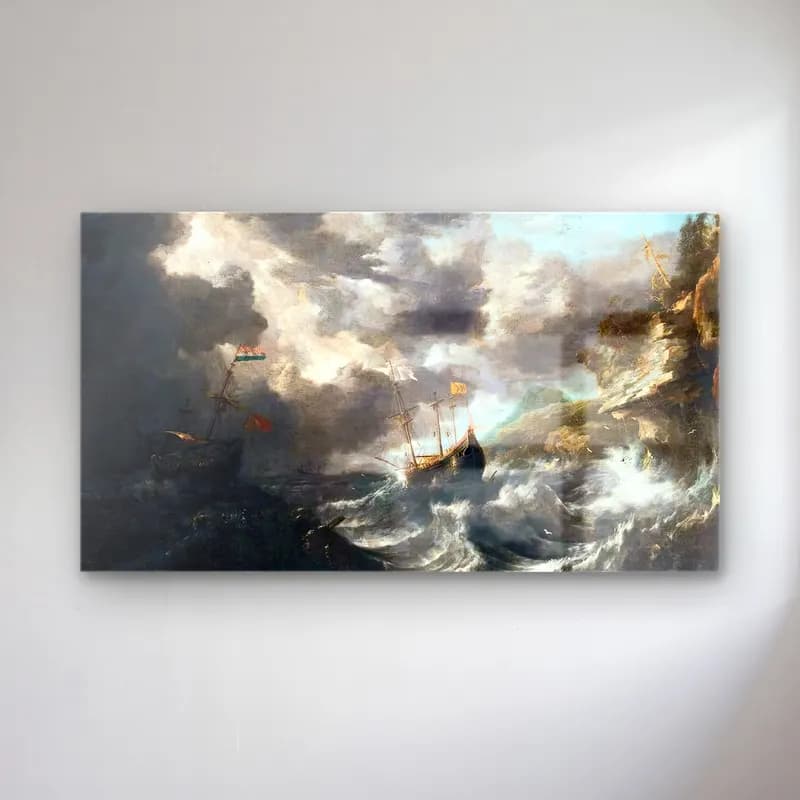 Bonaventura I Peeters – Shipping in a Tempest off a Rocky Coast cam tablo — Bonaventura I Peeters – Shipping in a Tempest off a Rocky Coast — yağlı boya fırtınalı denizde gemi