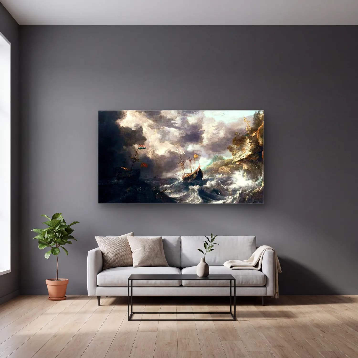 Bonaventura I Peeters – Shipping in a Tempest off a Rocky Coast cam tablo — gri duvarlı salonda