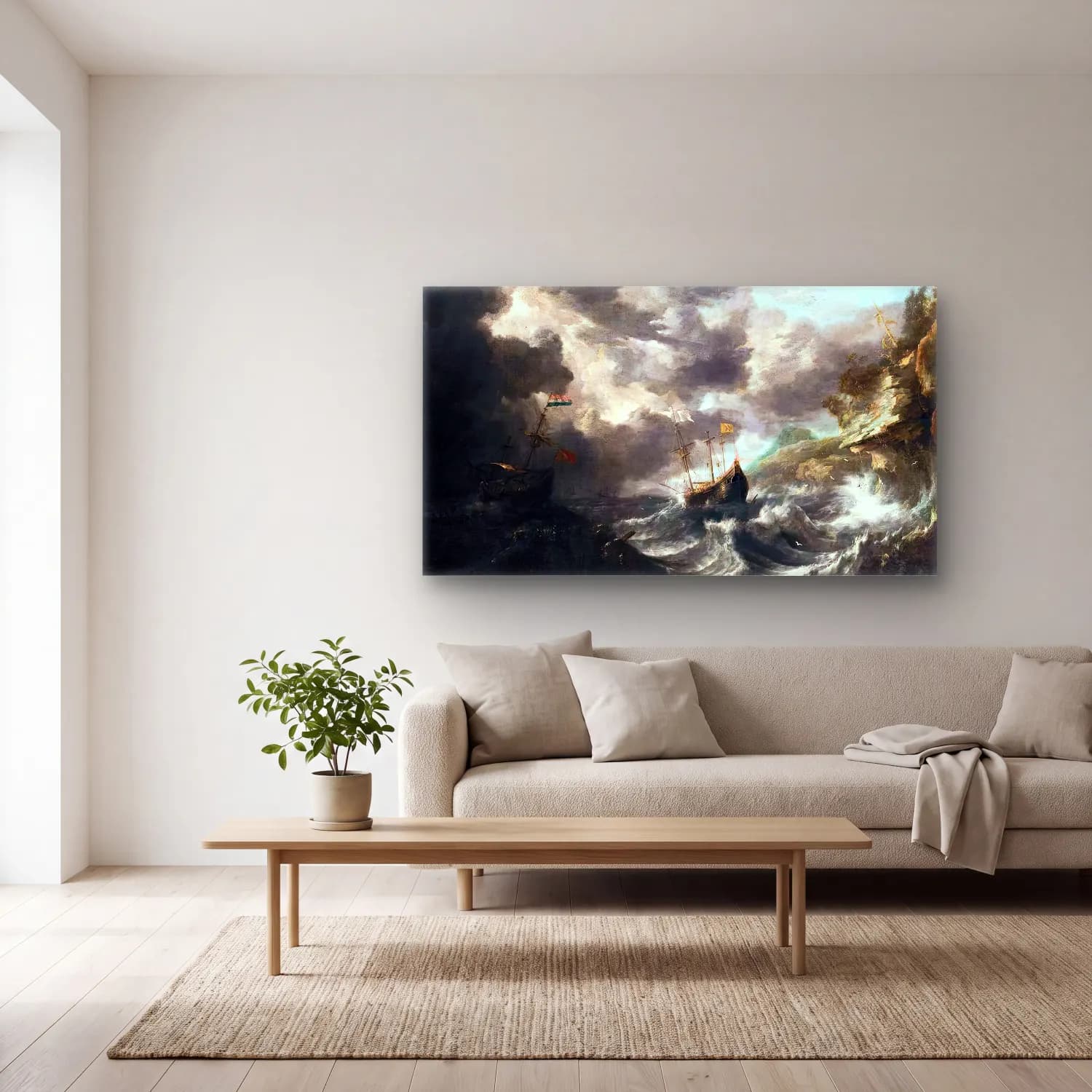 Bonaventura I Peeters – Shipping in a Tempest off a Rocky Coast cam tablo — açık renk salonda