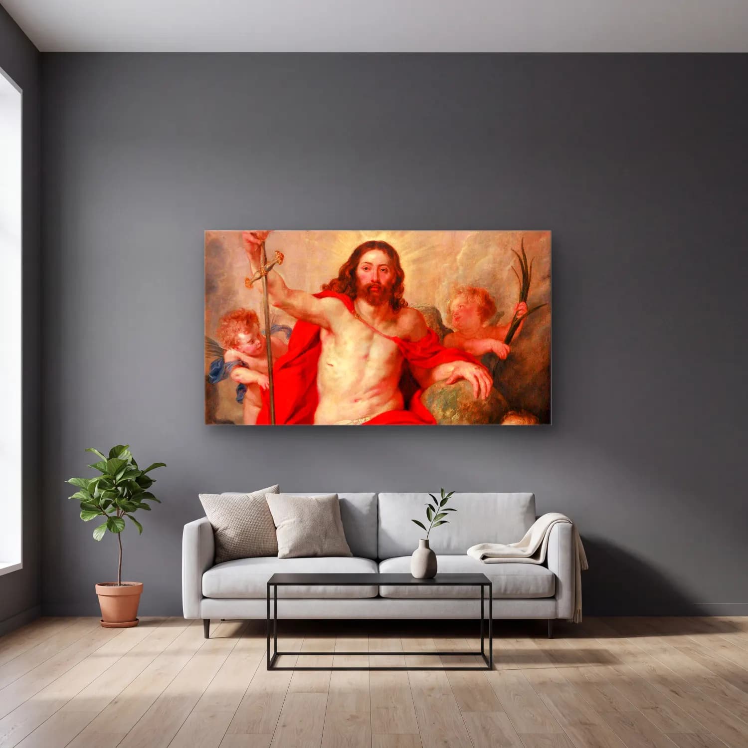 Peter Paul Rubens – Christ triumphing over Death and Sin (circa 1615-1616) cam tablo — gri duvarlı salonda