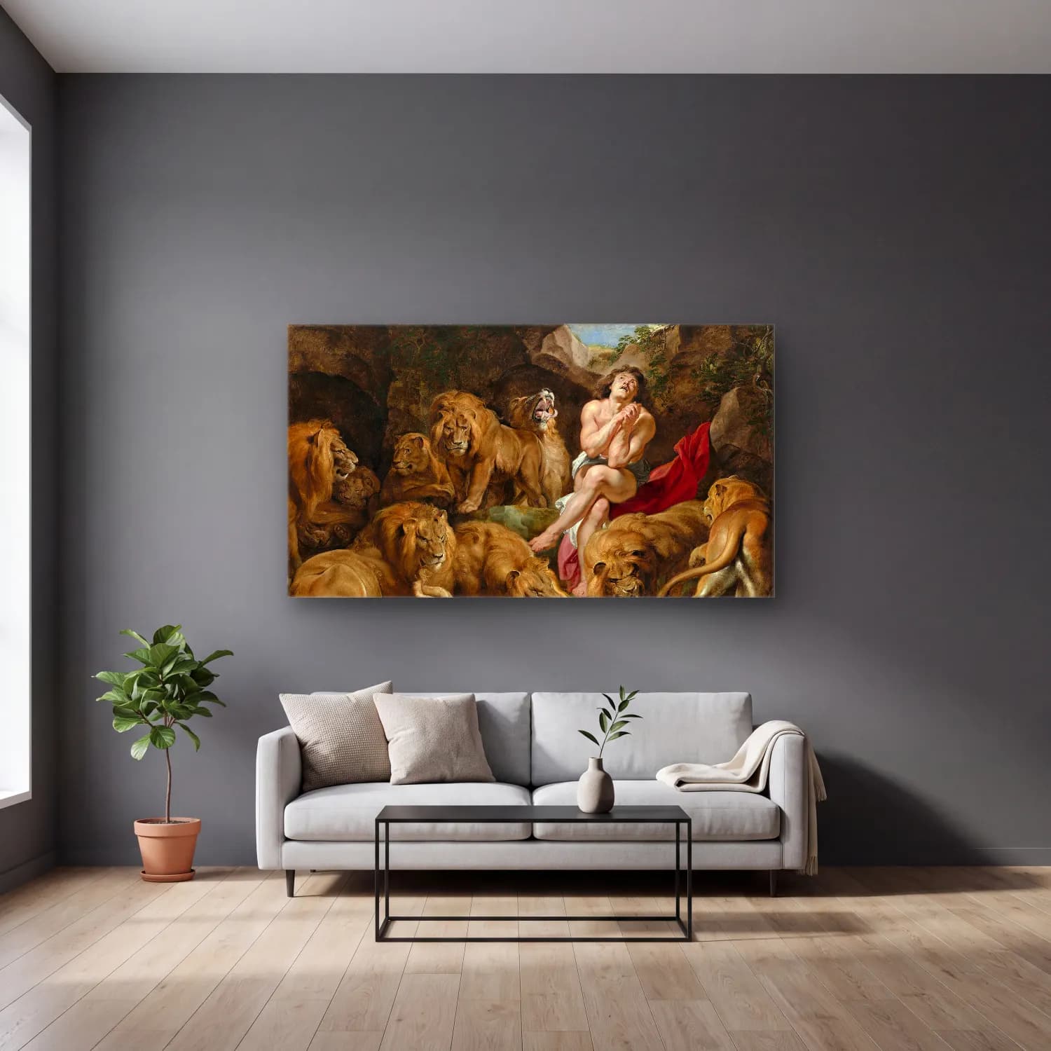 Peter Paul Rubens – Daniel in the Lions’ Den cam tablo — gri duvarlı salonda