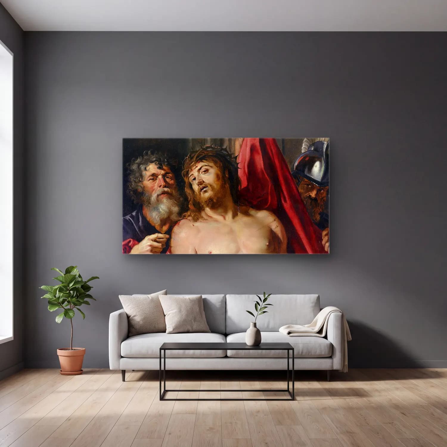 Peter Paul Rubens – Ecce homo cam tablo — gri duvarlı salonda