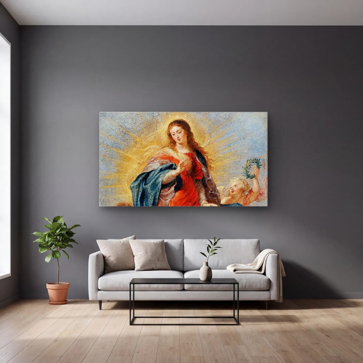 Peter Paul Rubens – Immaculate Conception cam tablo — gri duvarlı salonda