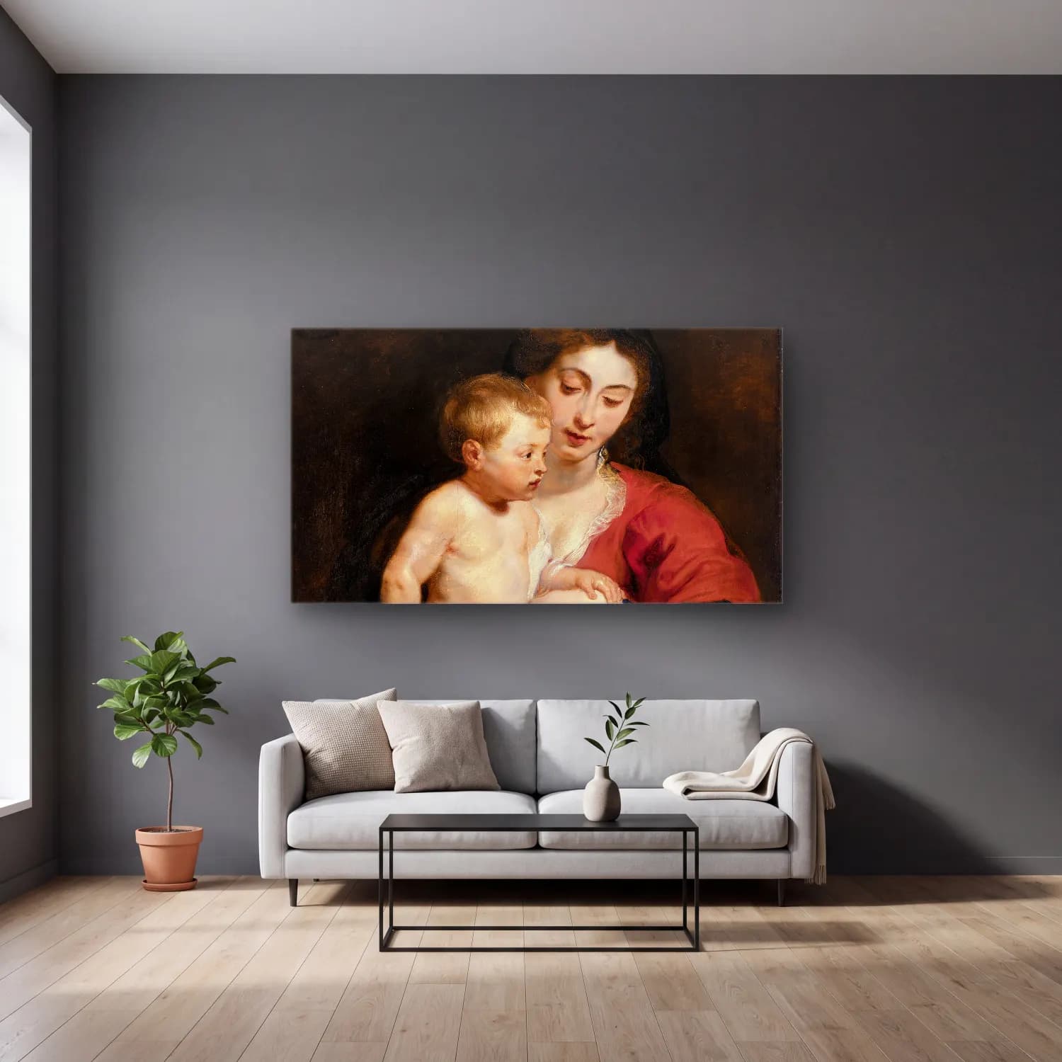 Peter Paul Rubens – Madonna and Child (ca. 1615-1618) cam tablo — gri duvarlı salonda